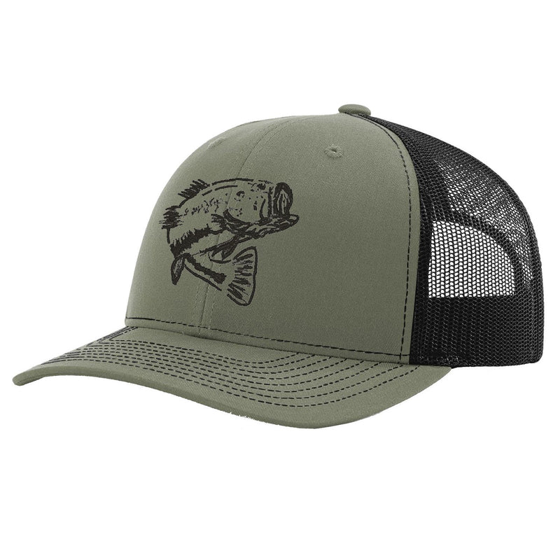 Bass Olive with Black Mesh Trucker Hat on Richardson 112 by Reel Fishy Apparel