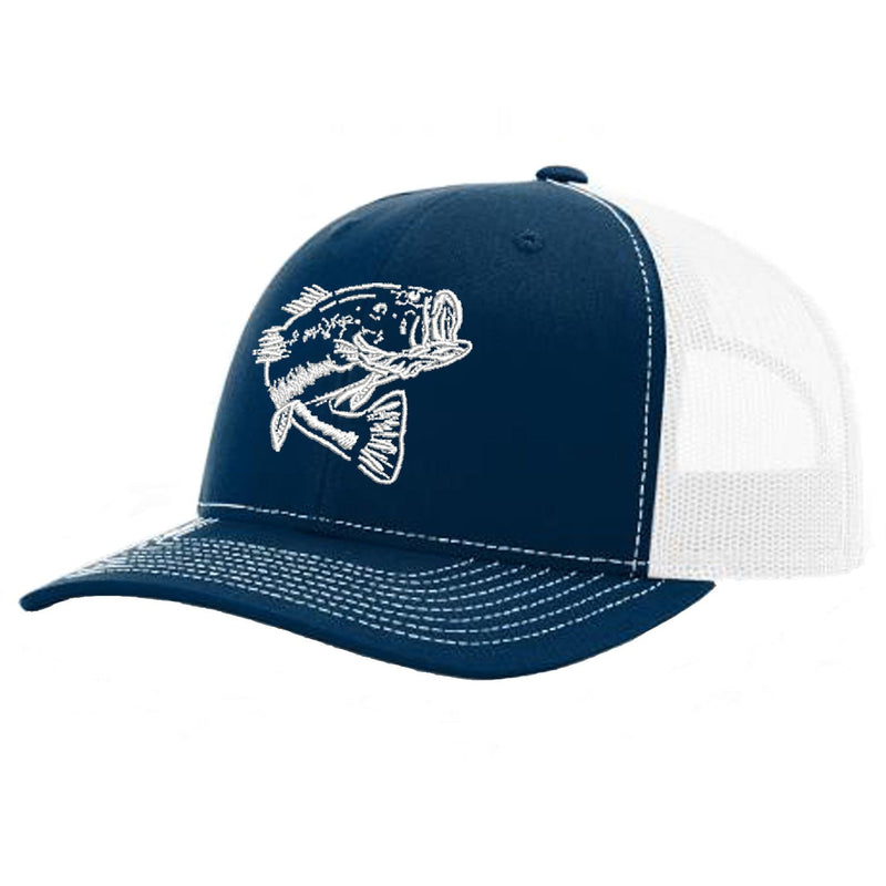 Bass Navy with White Mesh Trucker Hat on Richardson 112 by Reel Fishy Apparel