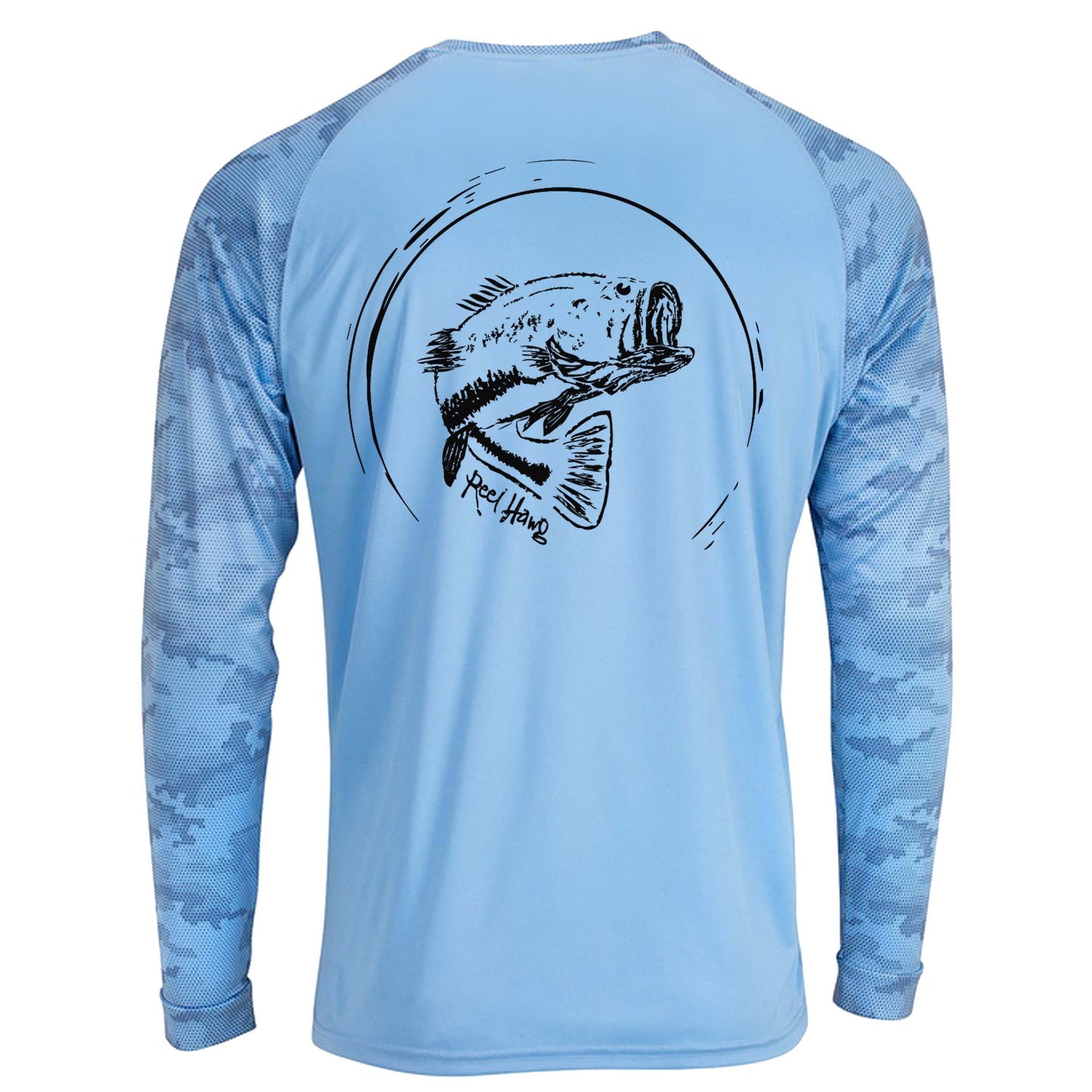 Reel Fishy "Reel Hawg" bass fishing blue mist digital camo long sleeve performance shirt with 50+ UV protection