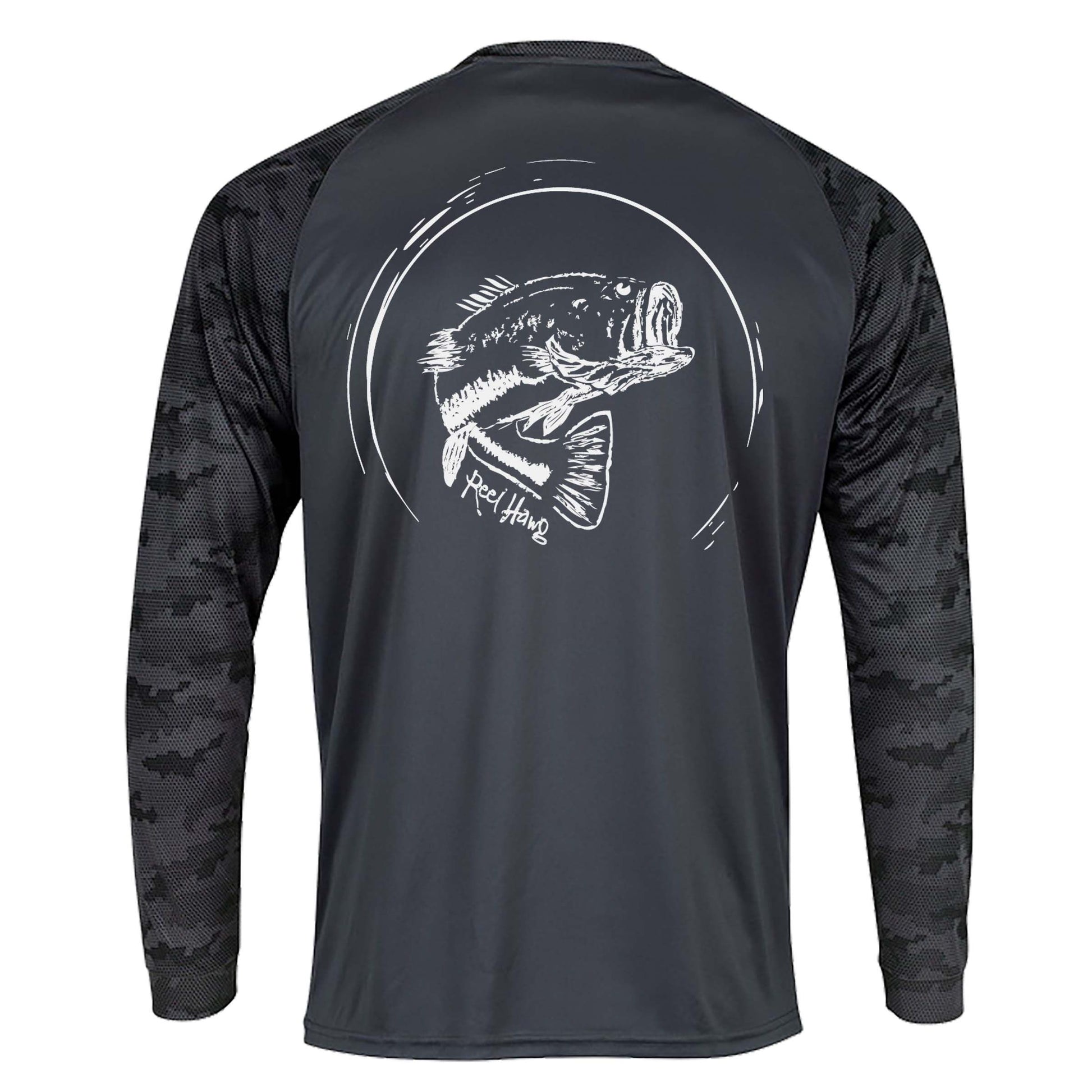 Reel Fishy "Reel Hawg" bass fishing graphite digital camo long sleeve performance shirt with 50+ UV protection
