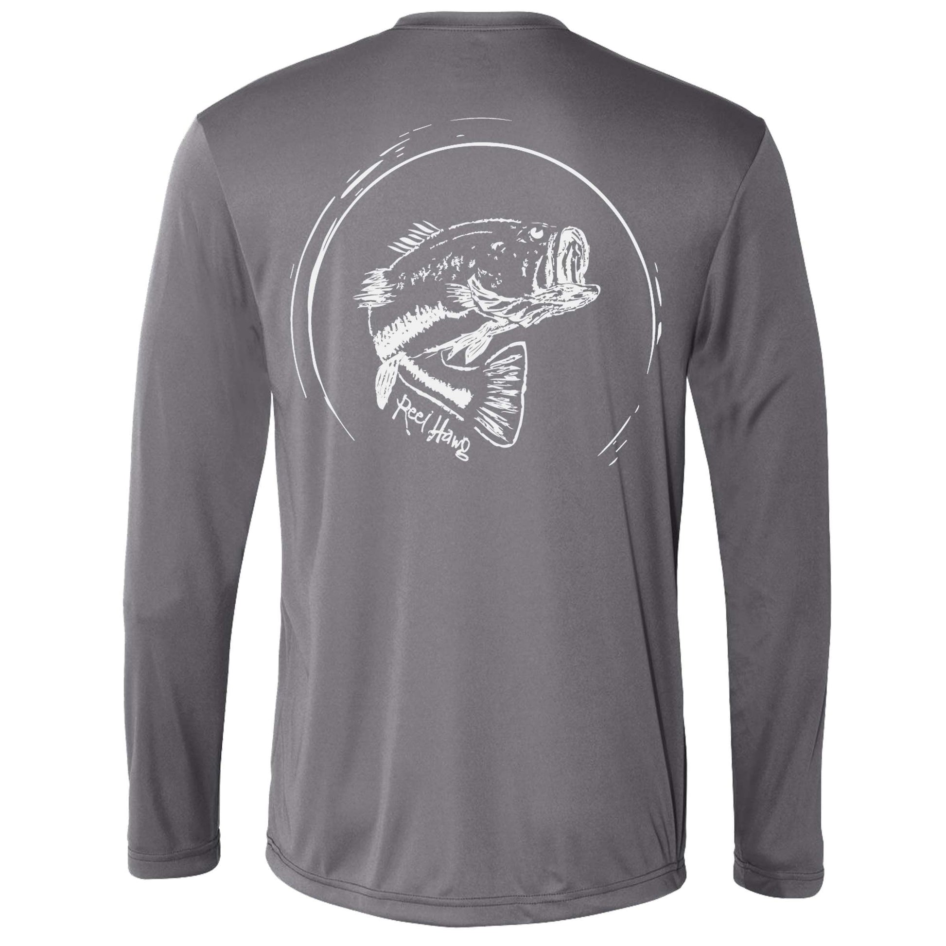 Reel Fishy "Reel Hawg" bass fishing gray long sleeve performance shirt with 50+ UV protection