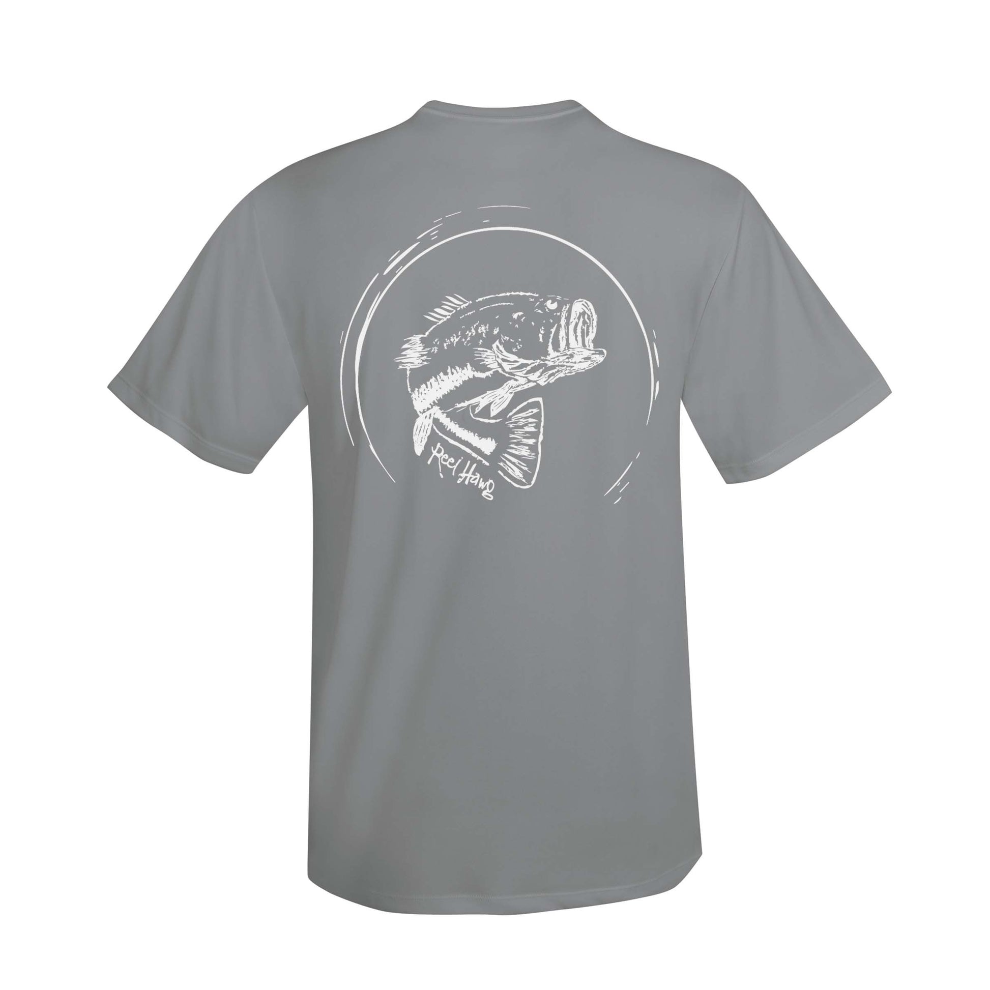Reel Fishy "Reel Hawg" bass fishing gray short sleeve performance shirt with 50+ UV protection