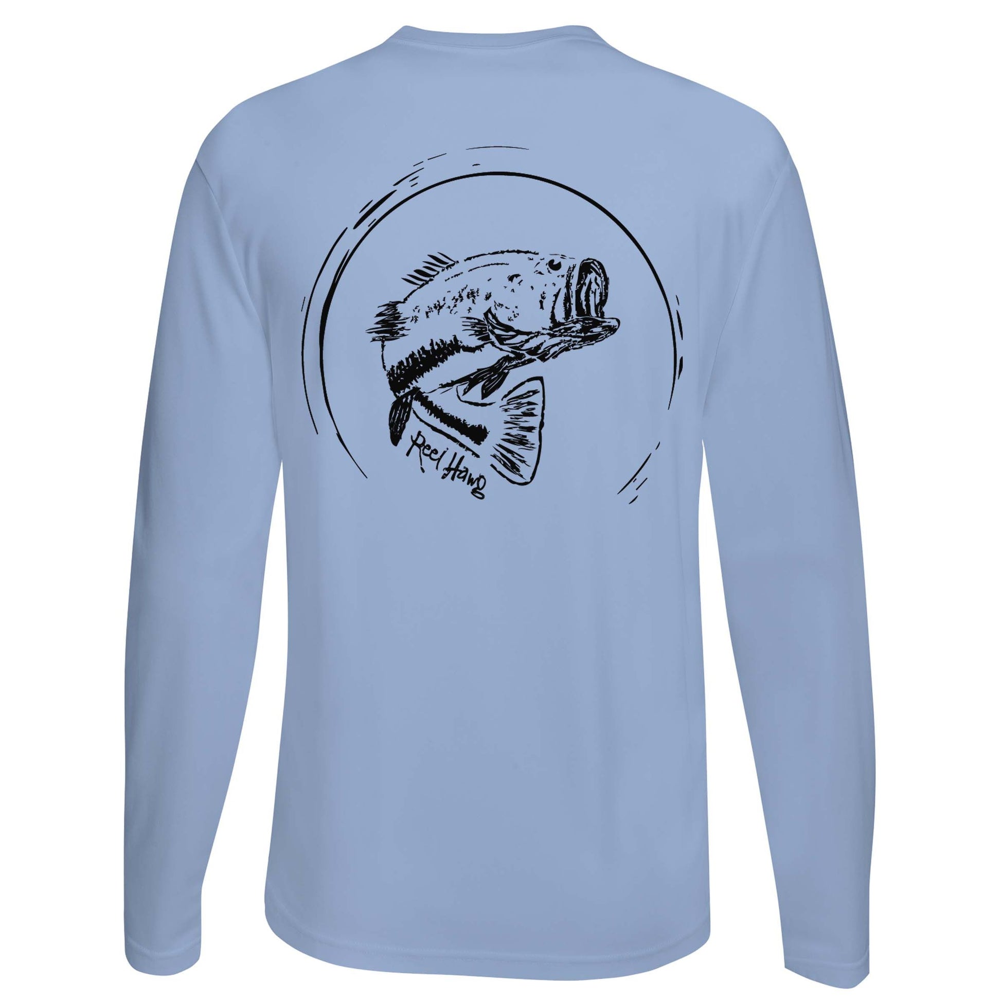 Reel Fishy "Reel Hawg" bass fishing light blue long sleeve performance shirt with 50+ UV protection