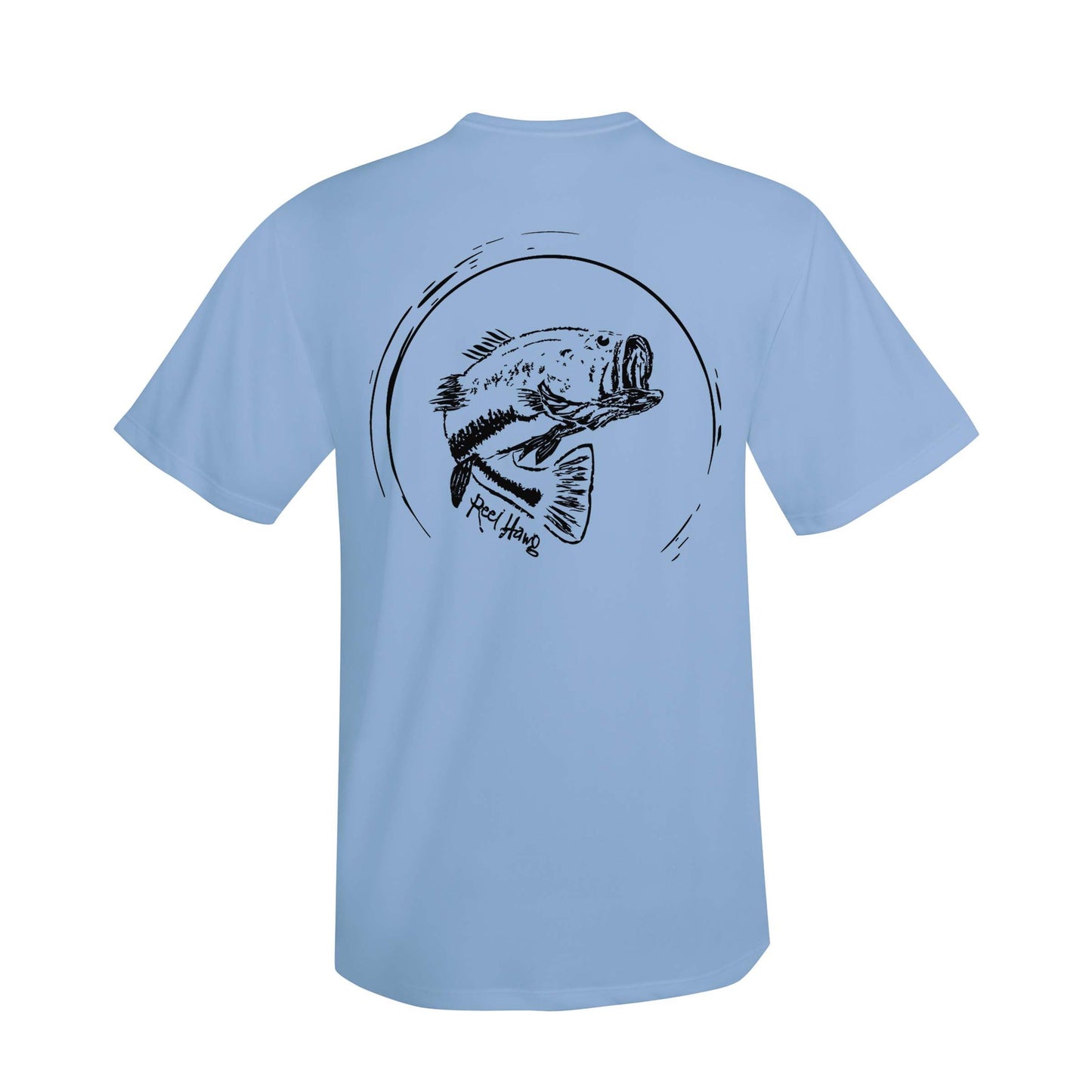 Reel Fishy "Reel Hawg" bass fishing light blue short sleeve performance shirt with 50+ UV protection