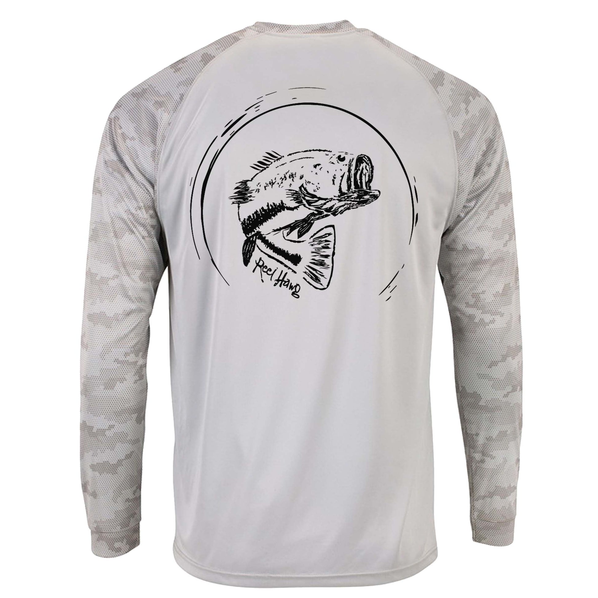 Reel Fishy "Reel Hawg" bass fishing light gray digital camo long sleeve performance shirt with 50+ UV protection
