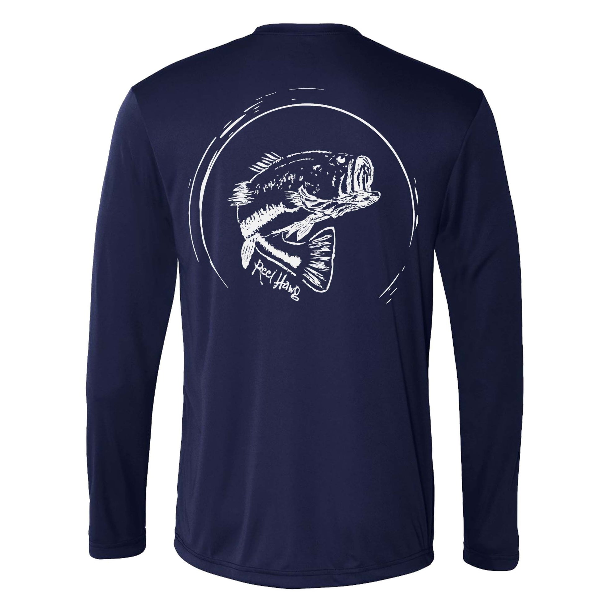 Reel Fishy "Reel Hawg" bass fishing navy long sleeve performance shirt with 50+ UV protection