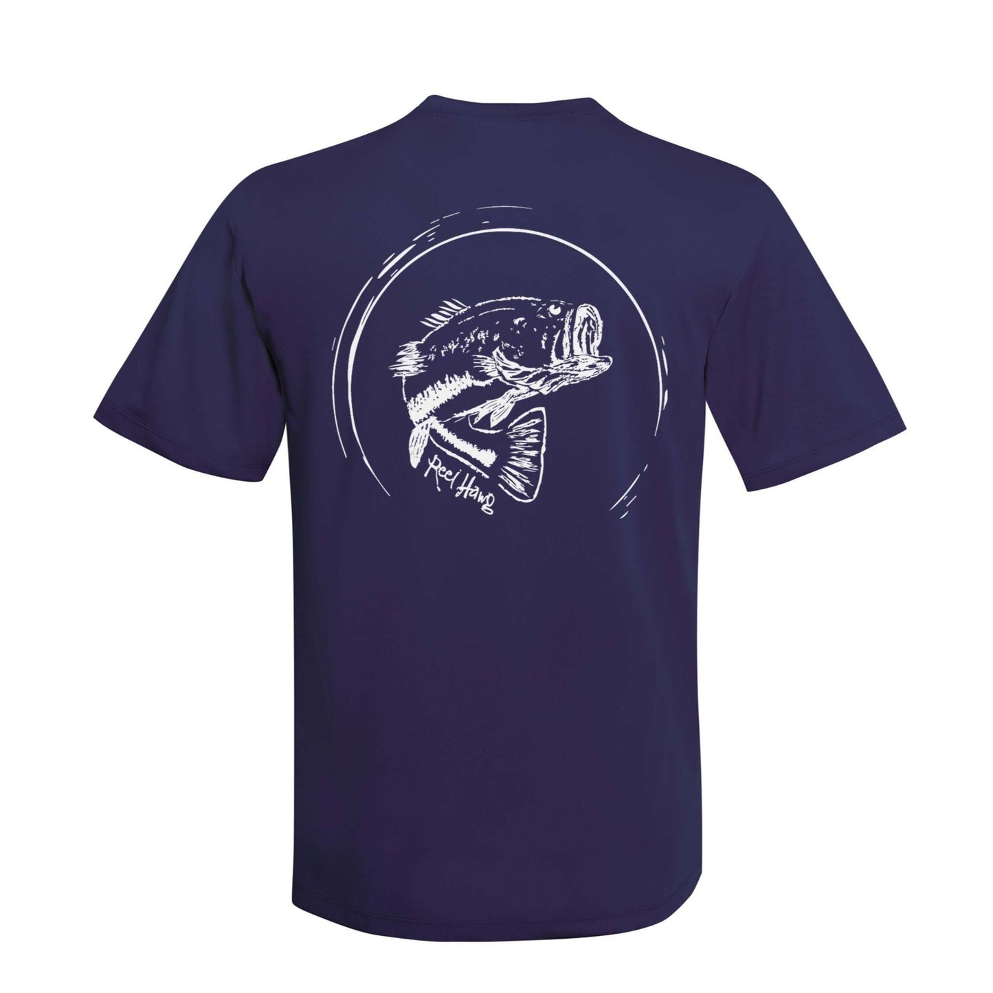 Reel Fishy "Reel Hawg" bass fishing navy short sleeve performance shirt with 50+ UV protection