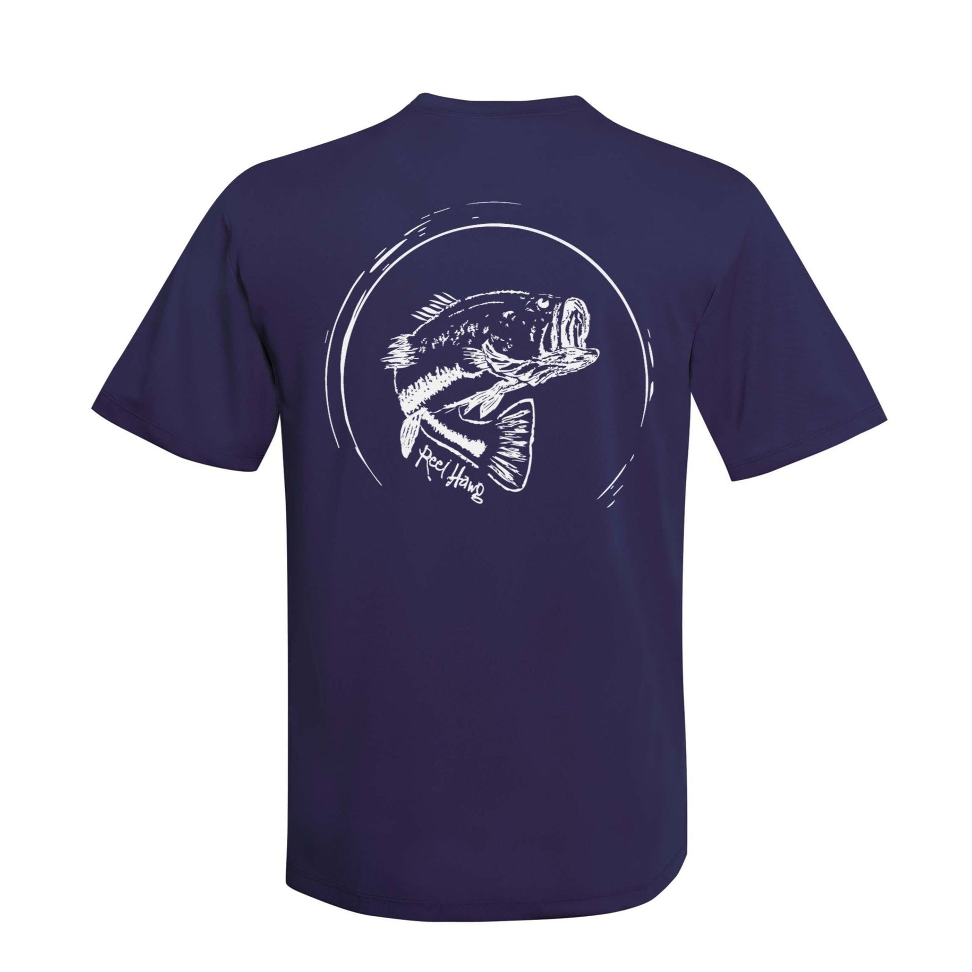 Reel Fishy "Reel Hawg" bass fishing navy short sleeve performance shirt with 50+ UV protection