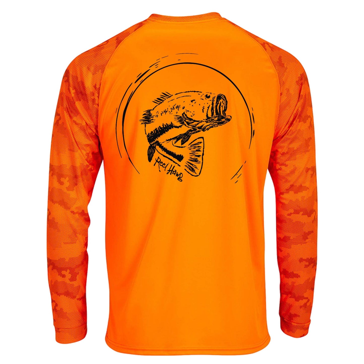 Reel Fishy "Reel Hawg" bass fishing neon orange digital camo long sleeve performance shirt with 50+ UV protection