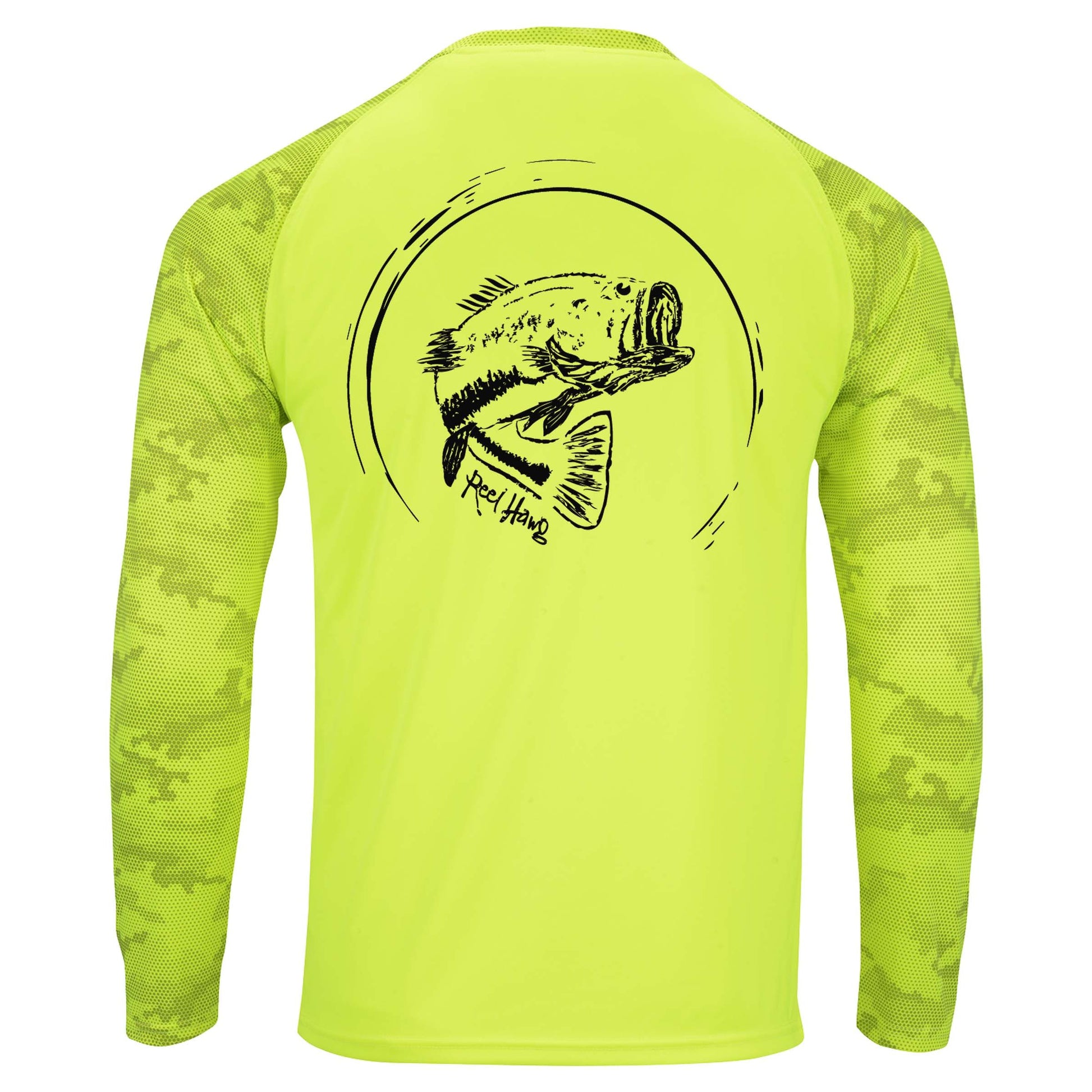 Reel Fishy "Reel Hawg" bass fishing neon yellow digital camo long sleeve performance shirt with 50+ UV protection