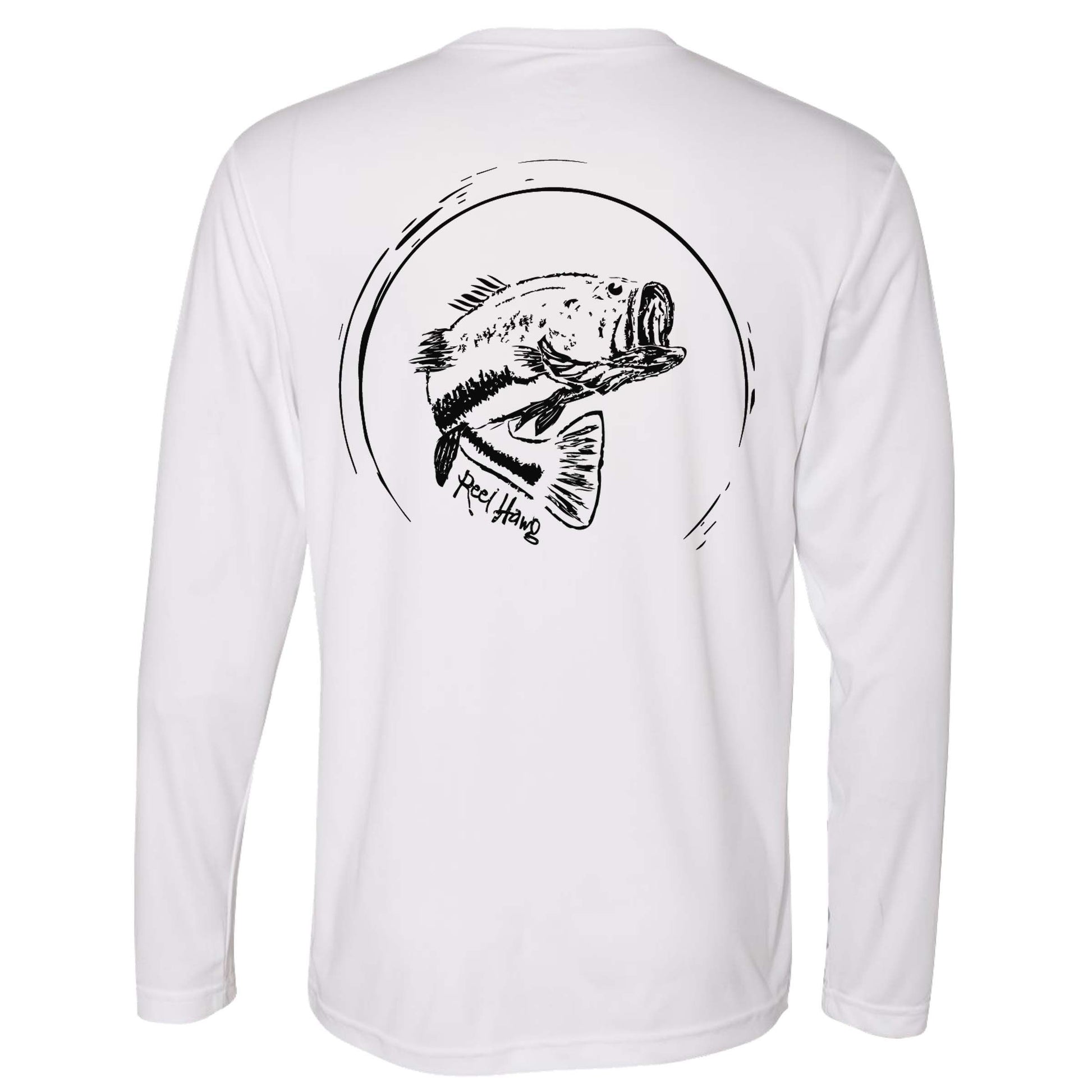 Reel Fishy "Reel Hawg" bass fishing white long sleeve performance shirt with 50+ UV protection