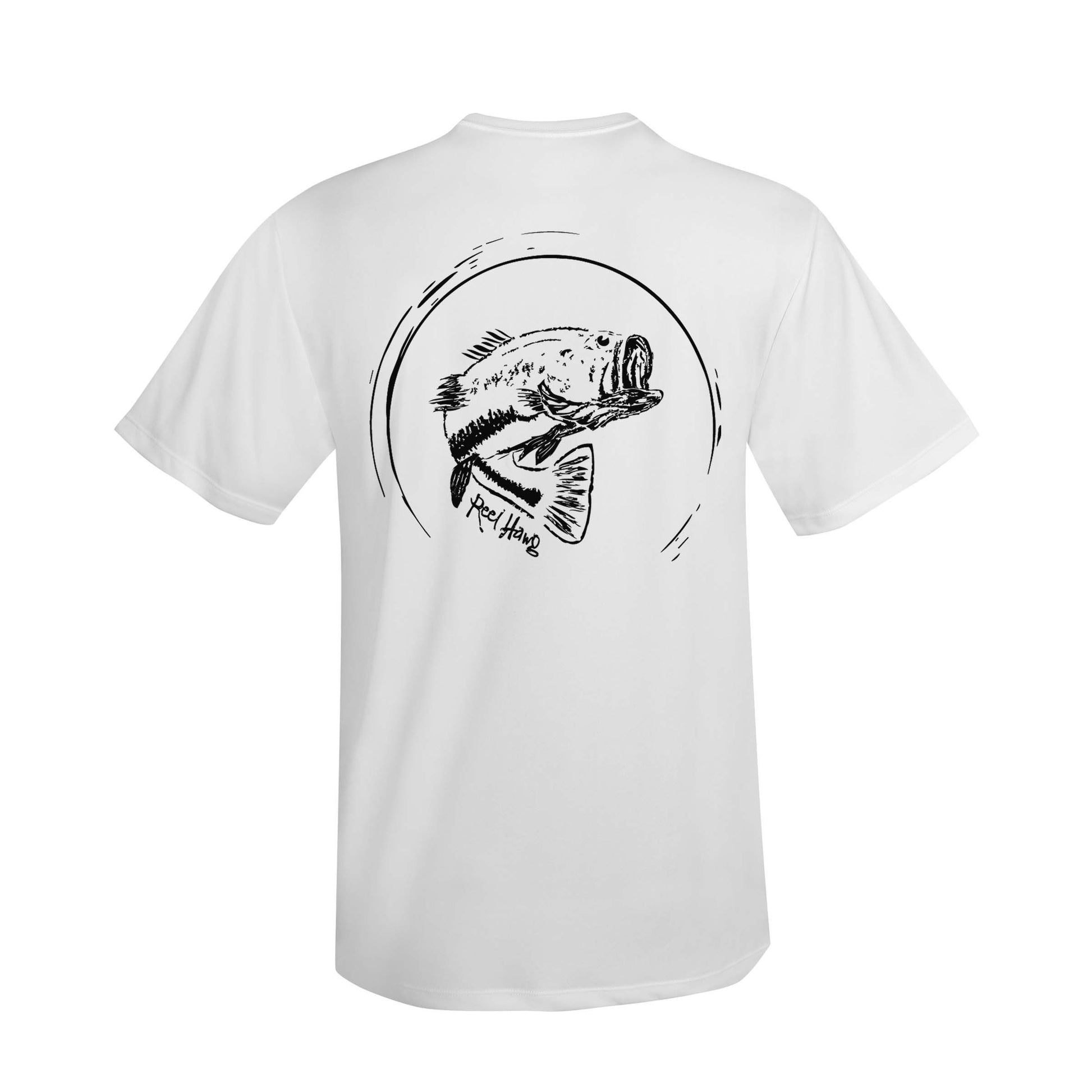 Reel Fishy "Reel Hawg" bass fishing white short sleeve performance shirt with 50+ UV protection
