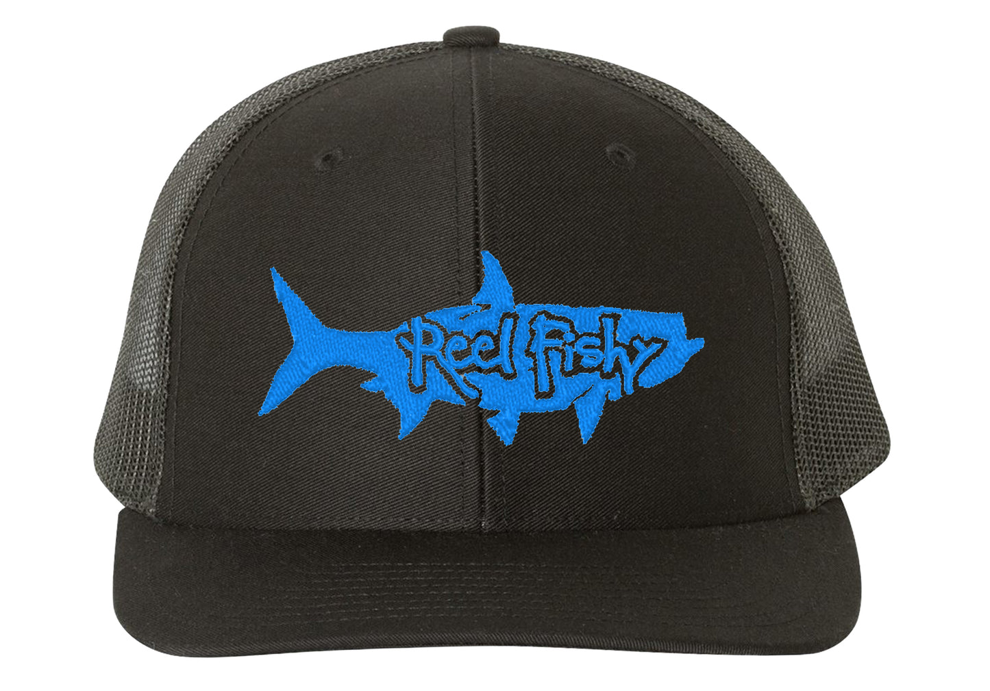 Black Trucker Hat with Turquoise Tarpon Reel Fishy Logo