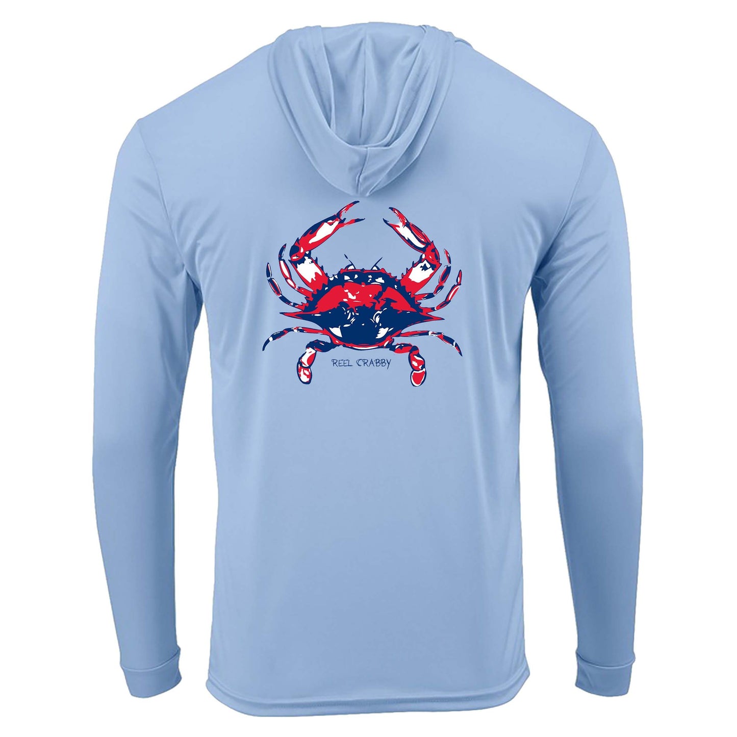 Light blue Blue Crab "Reel Crabby" dri-fit 50+ sun protection long sleeve hoodie