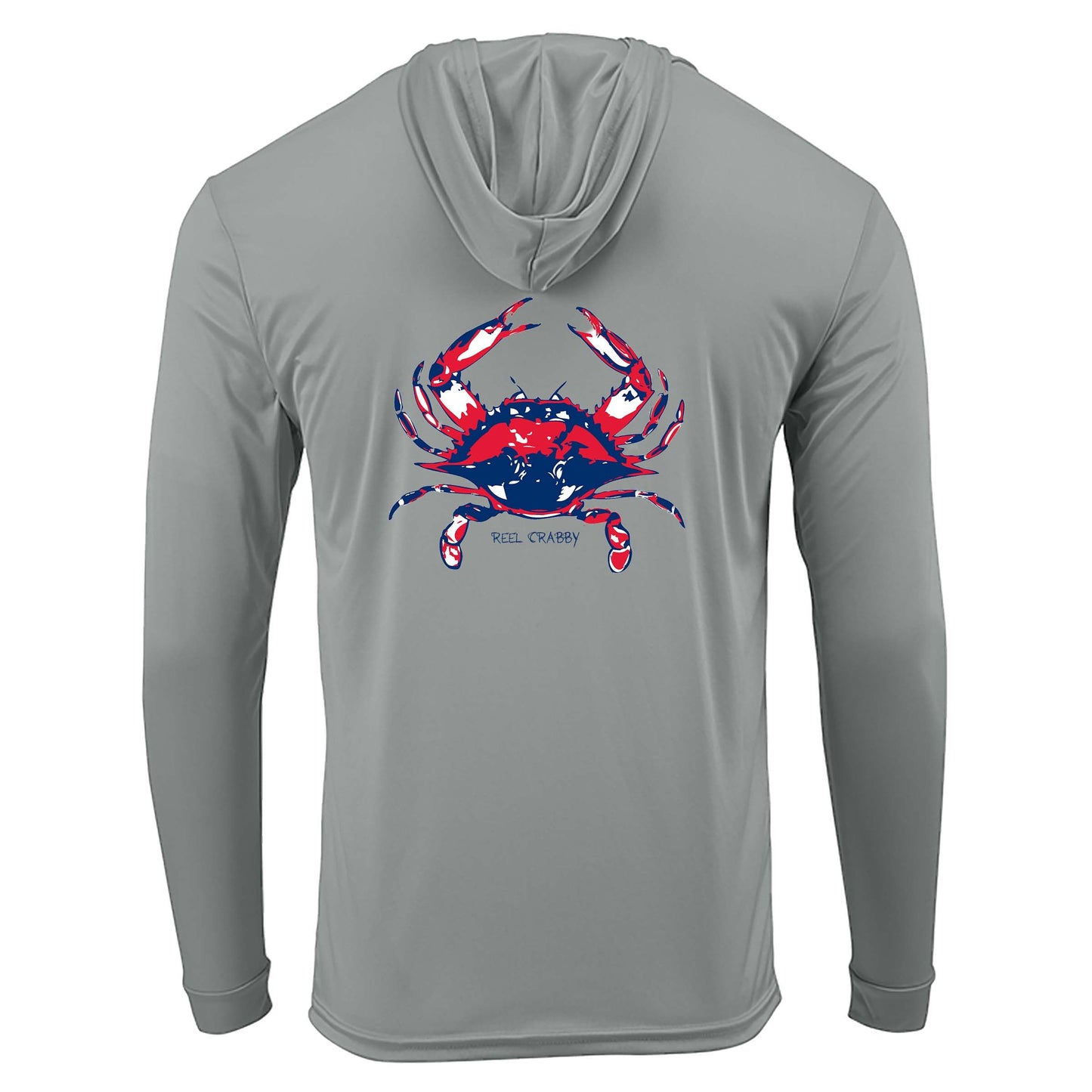 Medium gray Blue Crab "Reel Crabby" dri-fit 50+ sun protection long sleeve hoodie