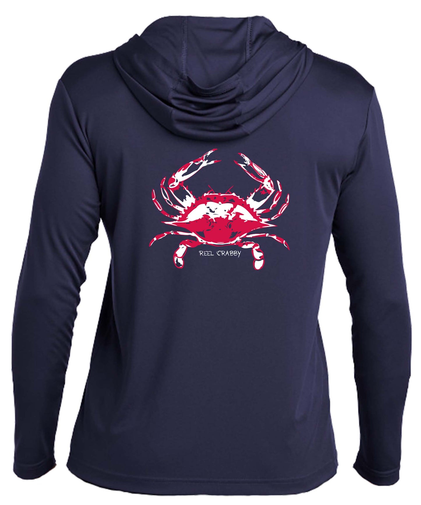 Navy Blue Crab "Reel Crabby" dri-fit 50+ sun protection long sleeve hoodie