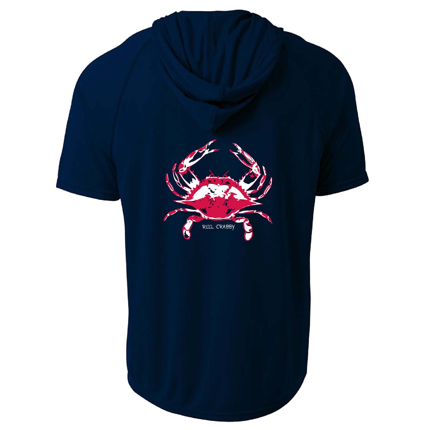 Navy Blue Crab "Reel Crabby" dri-fit 50+ sun protection short sleeve hoodie