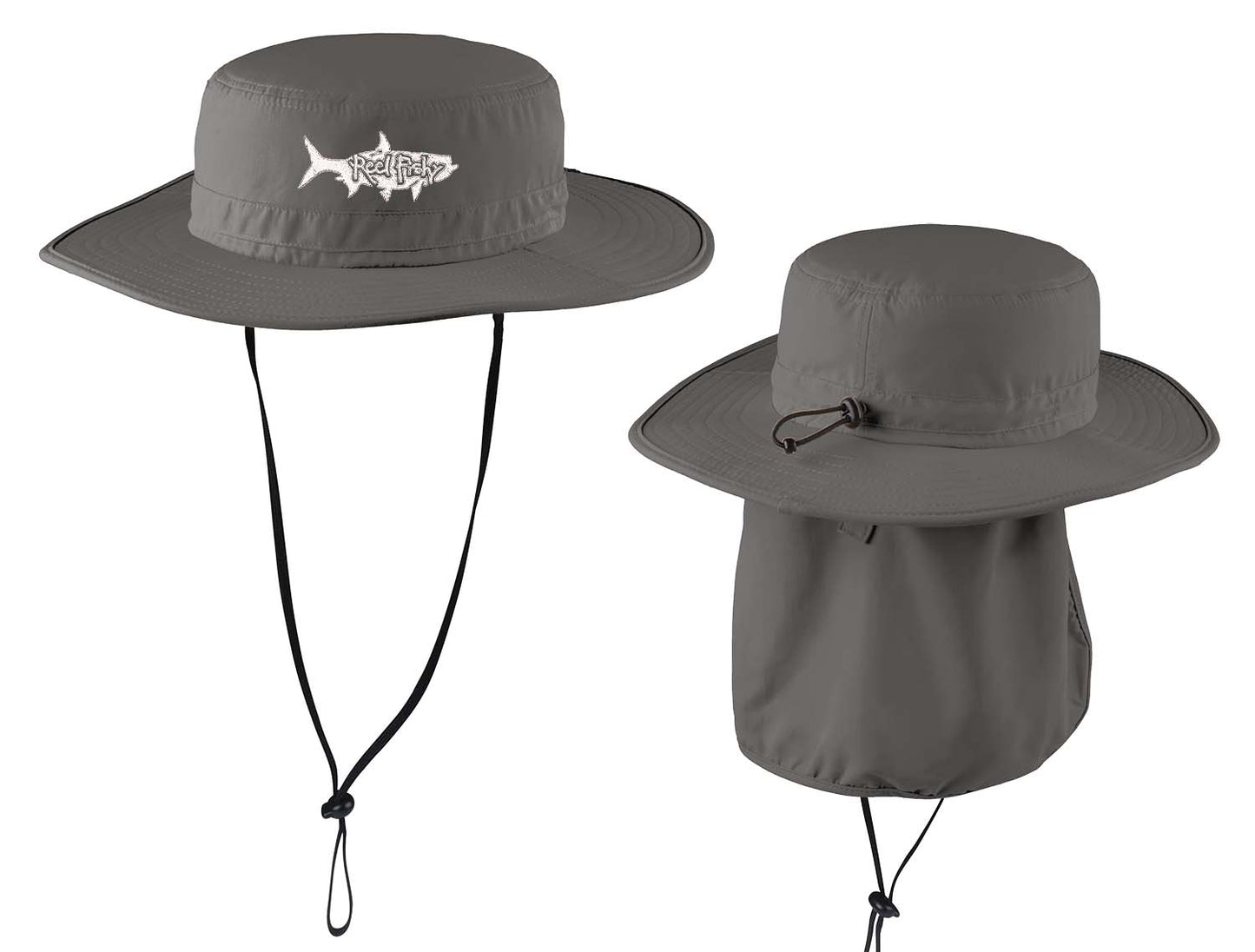 Charcoal boonie fishing hat with tarpon logo, 30+ UPF sun protection.
