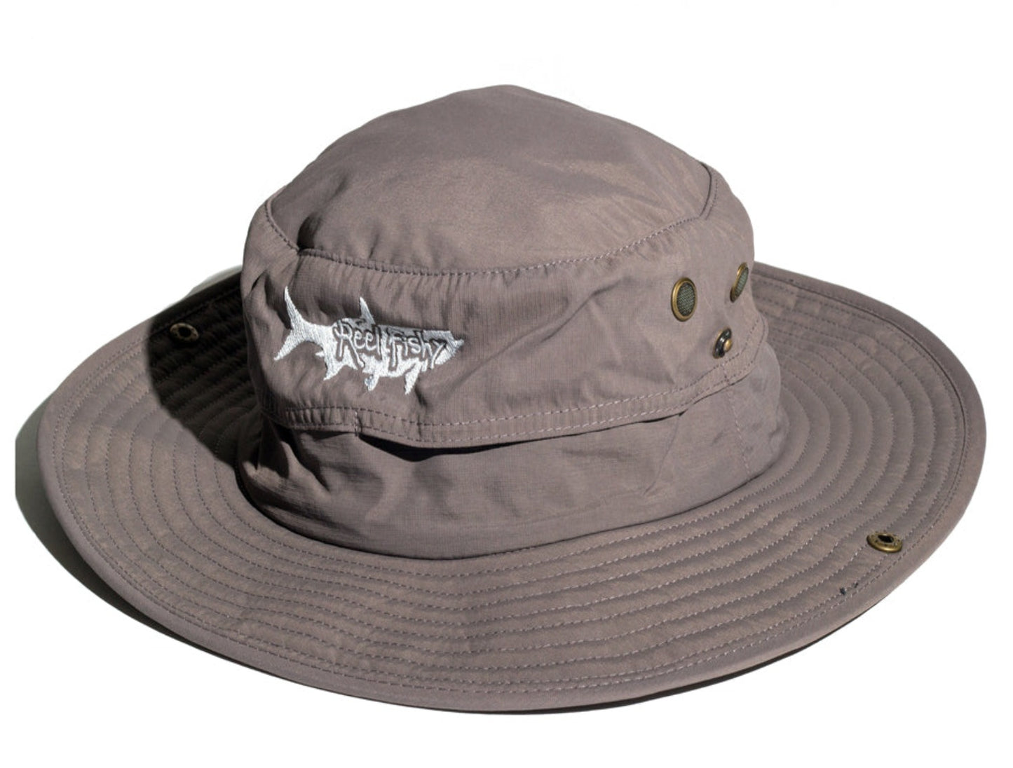 Gray boonie fishing hat with tarpon logo, 30+ UPF sun protection.