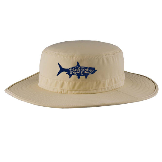Khaki boonie fishing hat with tarpon logo, 30+ UPF sun protection.