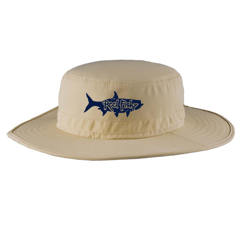 Khaki boonie fishing hat with tarpon logo, 30+ UPF sun protection.