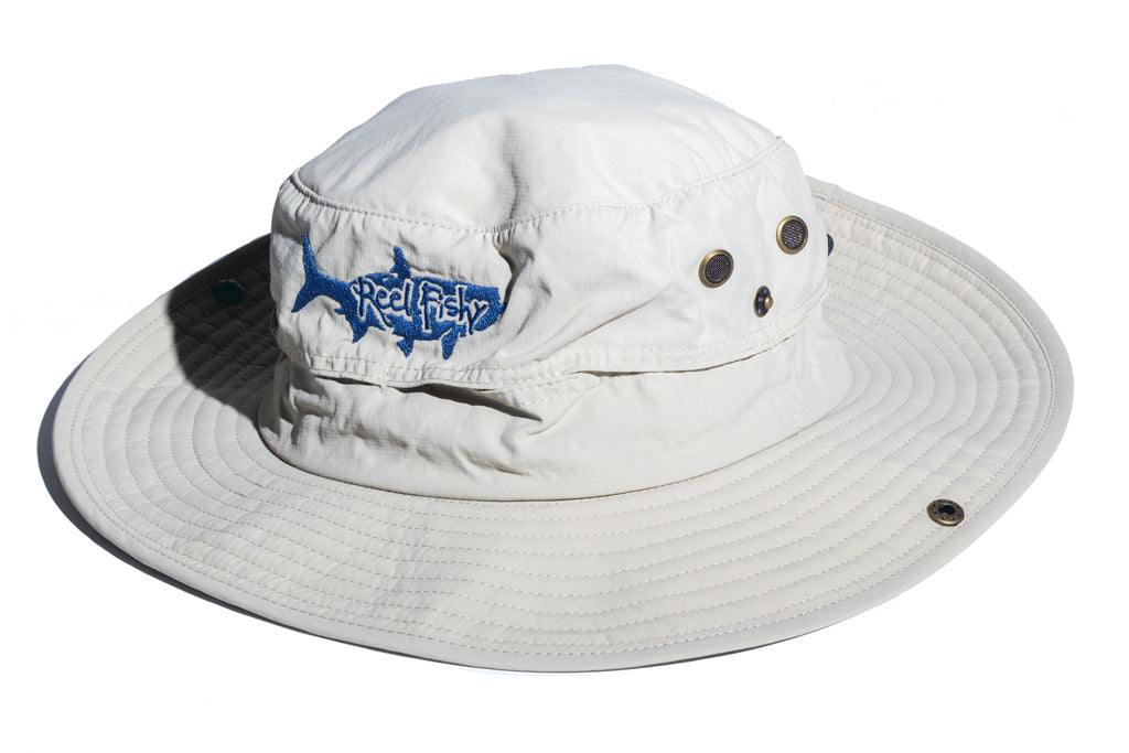 Tan boonie fishing hat with tarpon logo, 30+ UPF sun protection.