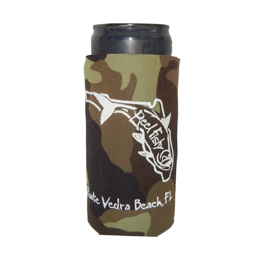 Camo Skinny Koozie with State of Florida Reel Fishy Tarpon Logo