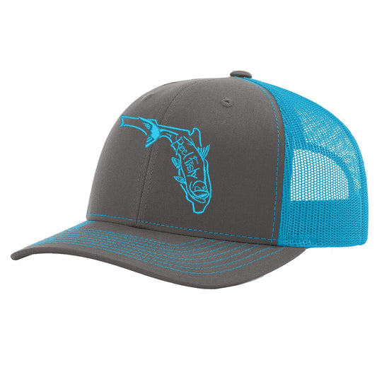State of Florida Tarpon Trucker Hat in Charcoal and Neon Blue mesh by Reel Fishy.