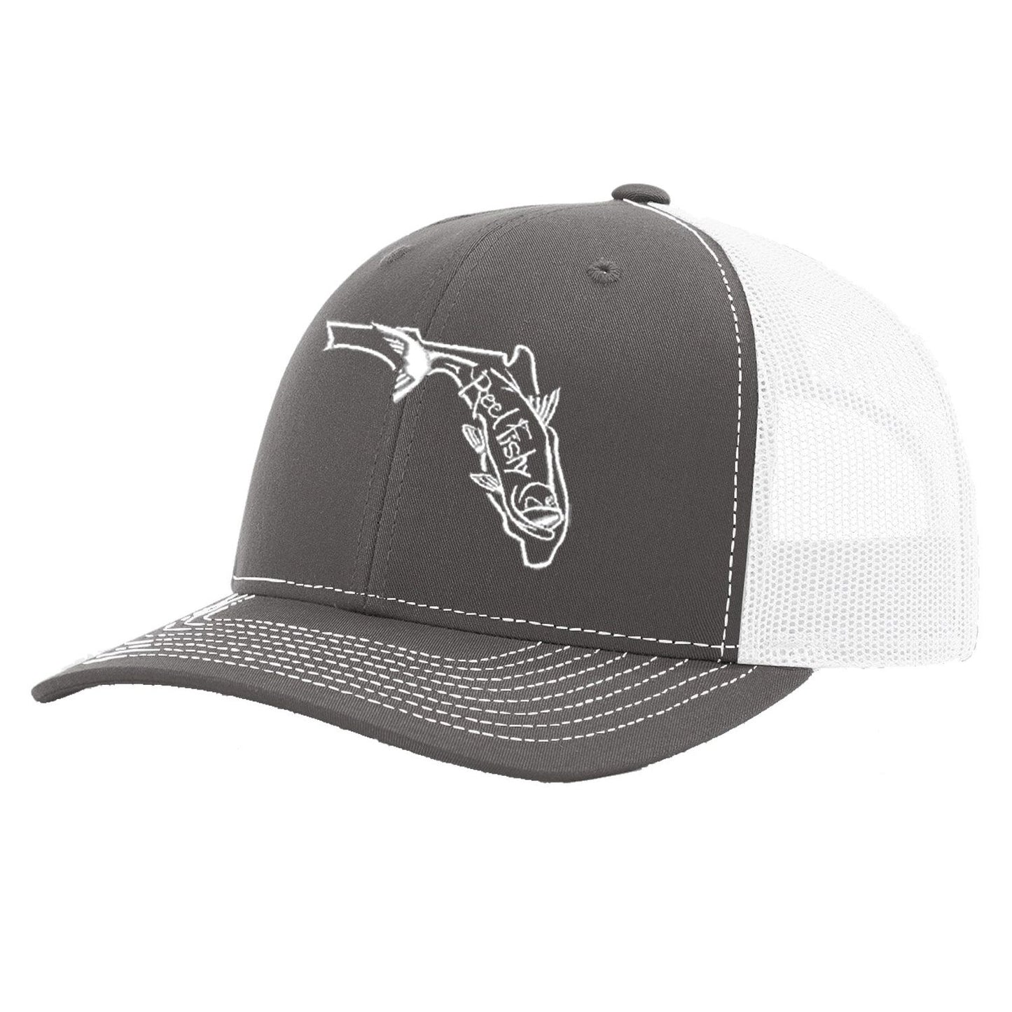 State of Florida Tarpon Trucker Hat in Charcoal and white mesh by Reel Fishy.