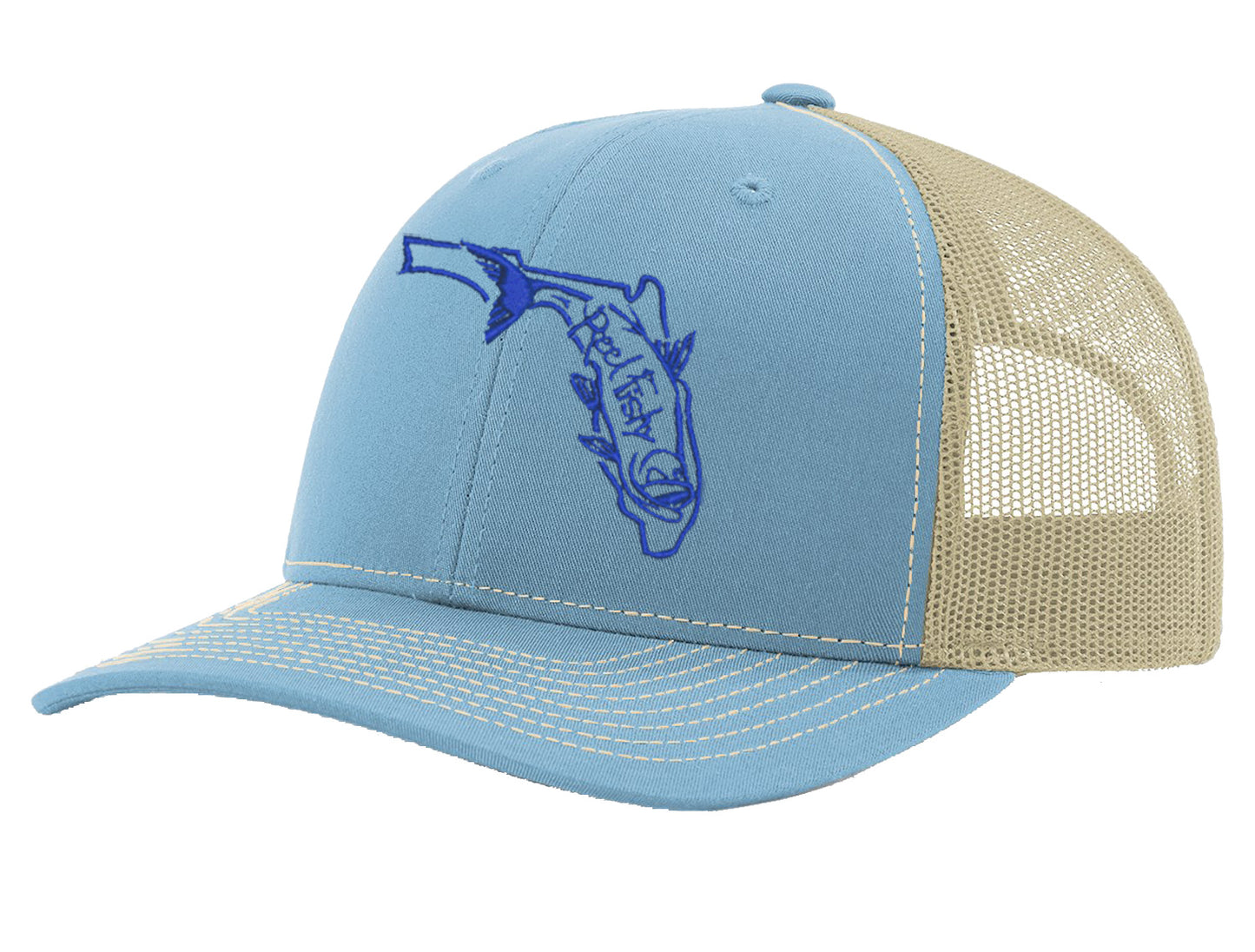 State of Florida Tarpon Reel Fishy Logo - Colonial Blue/Khaki Trucker hat w/Royal Logo