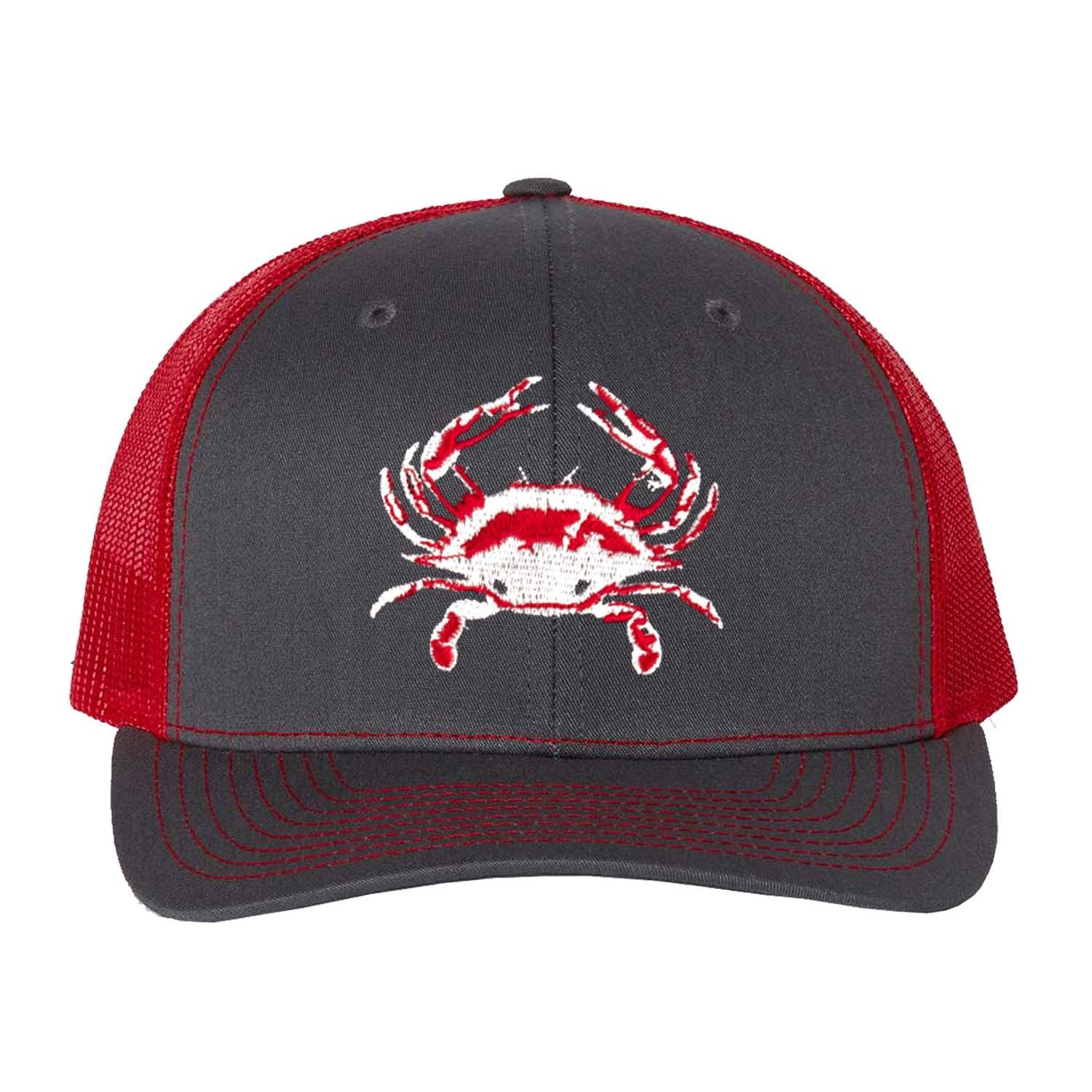 Blue Crab Charcoal and Red Mesh Structured Trucker Hat with Snapback