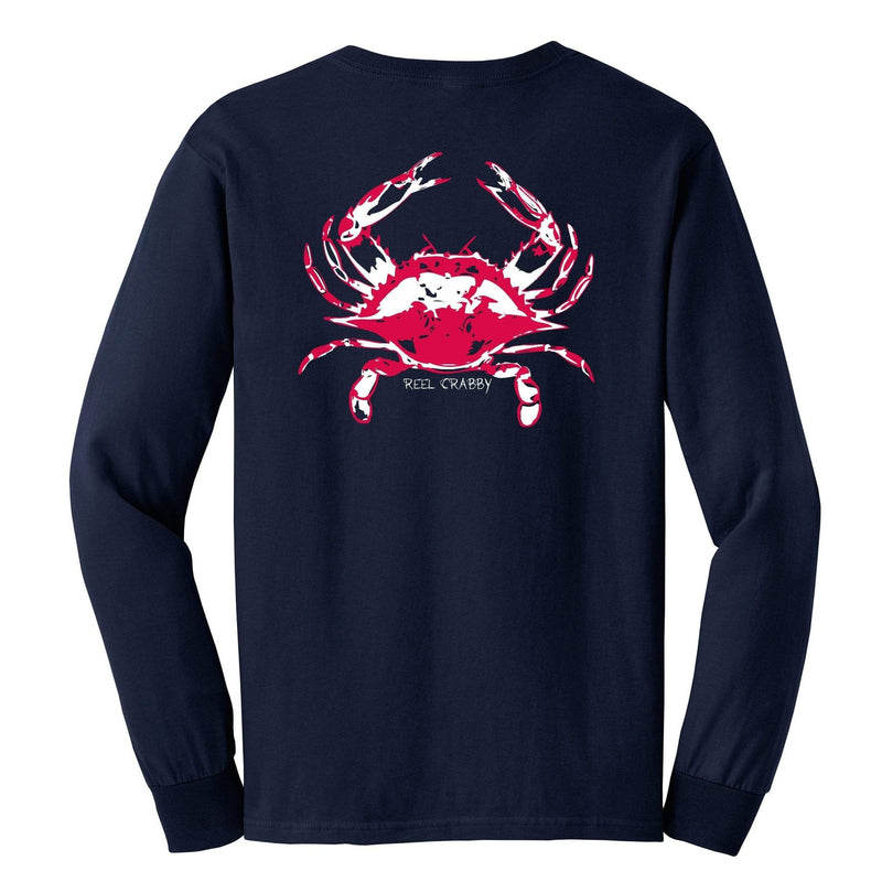 Blue Crab "Reel Crabby" cotton long sleeve shirt in navy