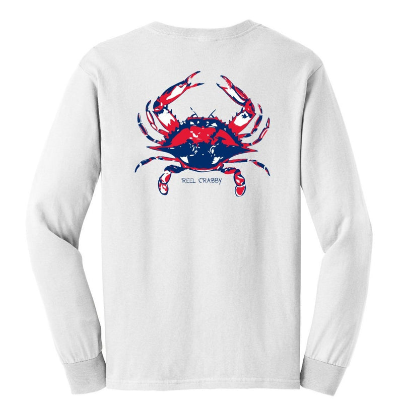 Blue Crab "Reel Crabby" cotton long sleeve shirt in white