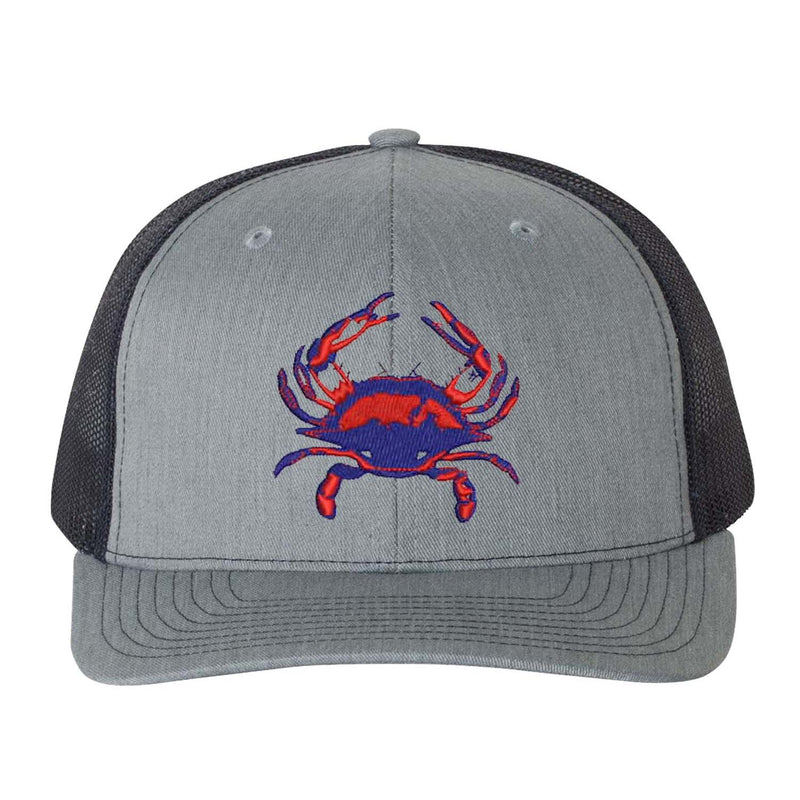 Blue Crab Heather Gray and Navy Mesh Structured Trucker Hat with Snapback