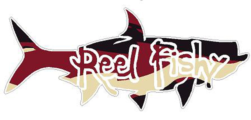 Garnet/Gold 2 Camo Tarpon Fishing Decal with Reel Fishy Logo