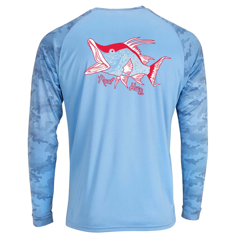 Unisex blue mist digital camo long sleeve shirt with hogfish graphic and 50+ UV protection by Reel Fishy Apparel.