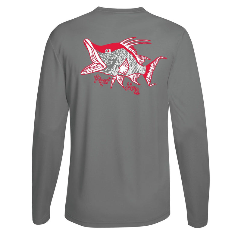 Unisex gray long sleeve shirt with hogfish graphic and 50+ UV protection by Reel Fishy Apparel.