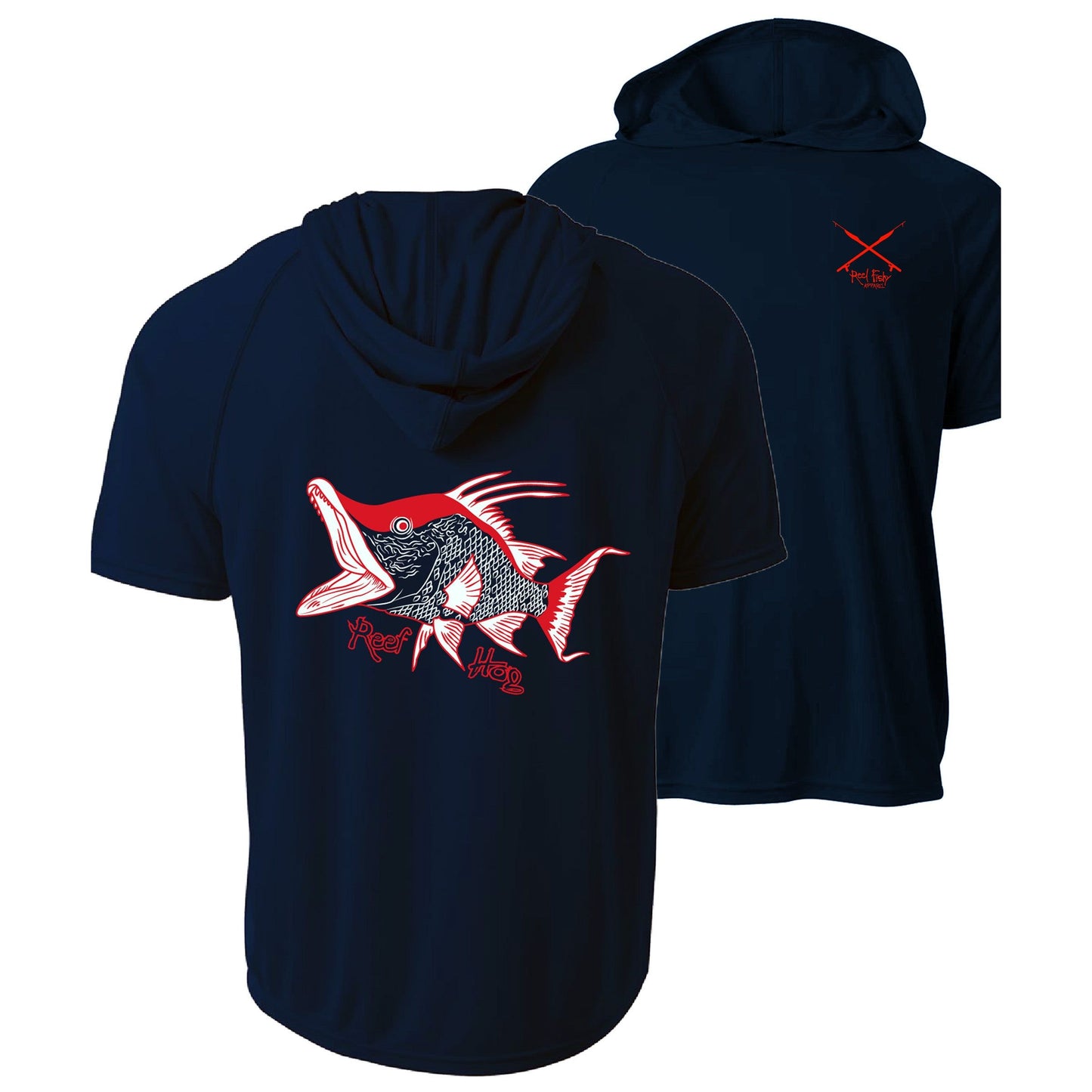 Navy Hogfish Reef Hog dri-fit 50+ sun protection short sleeve hoodie