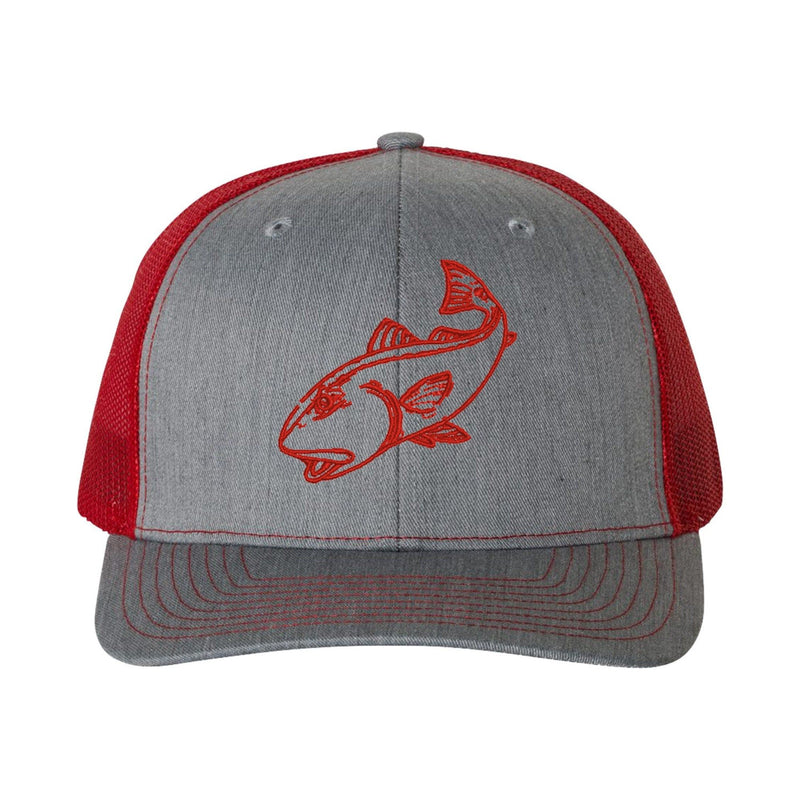Redfish Hthr Gray/Red mesh Structured Trucker Hat with Red Logo