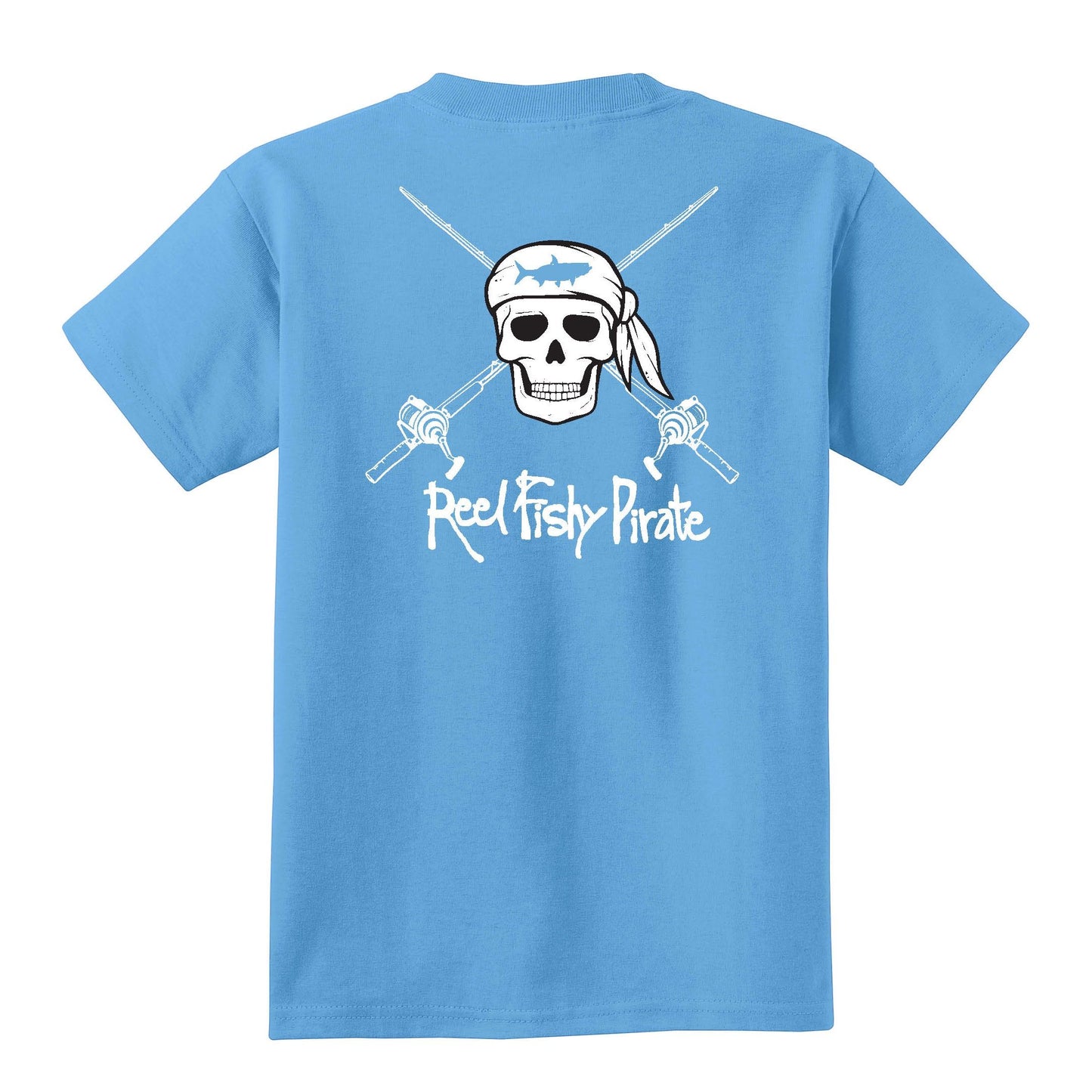 Youth aquatic blue Reel Fishy t-shirt with Pirate Skull and fishing rods design