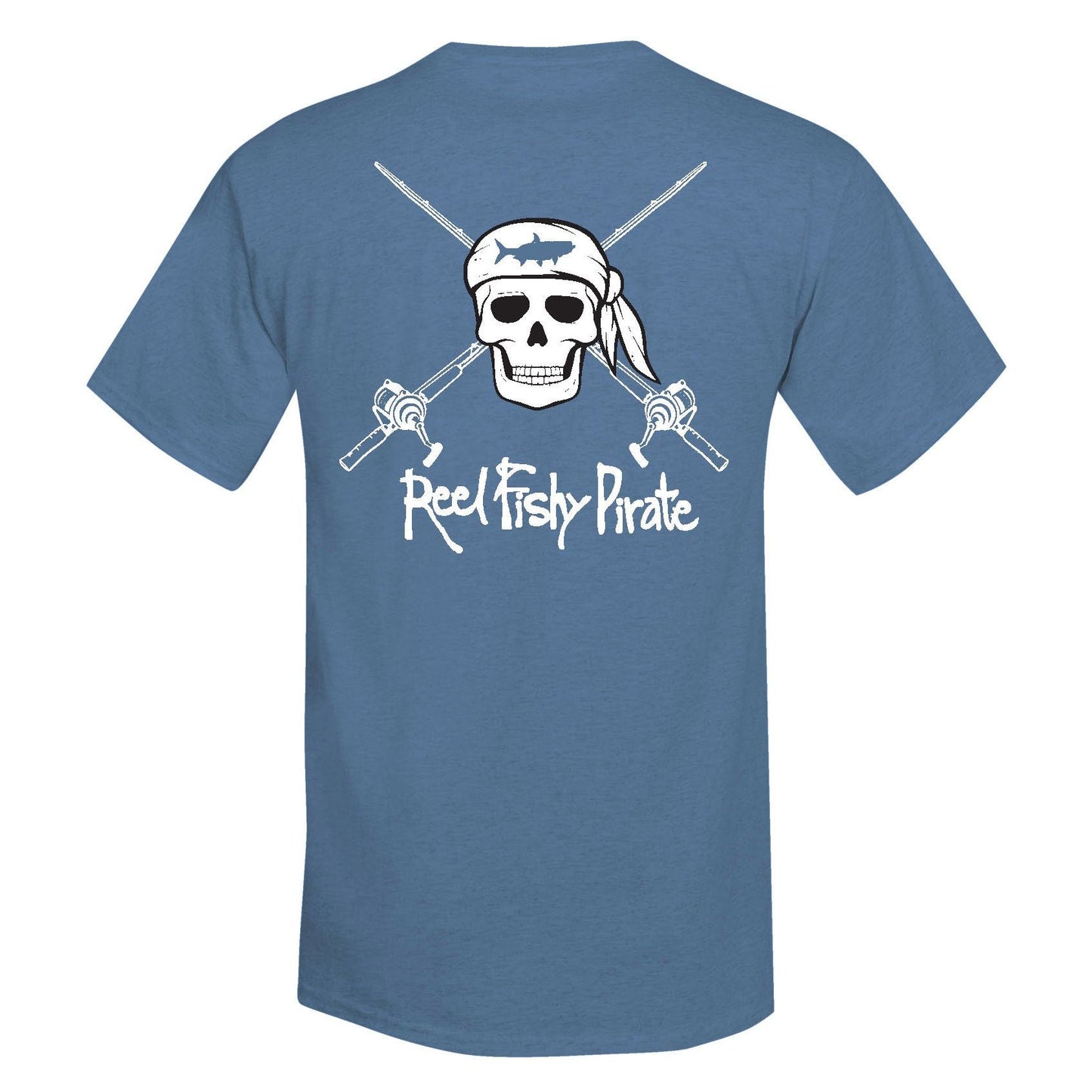Youth heather blue Reel Fishy t-shirt with Pirate Skull and fishing rods design