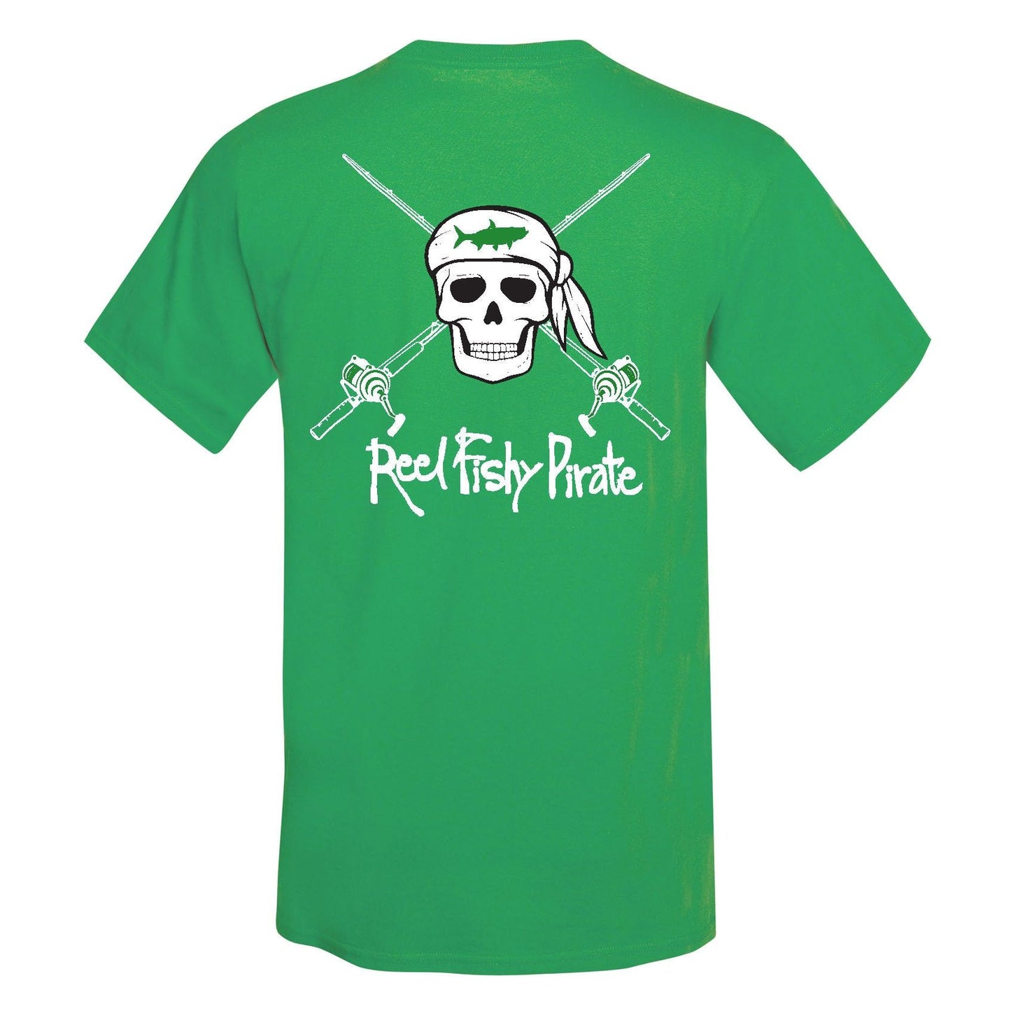 Youth kelly green Reel Fishy t-shirt with Pirate Skull and fishing rods design