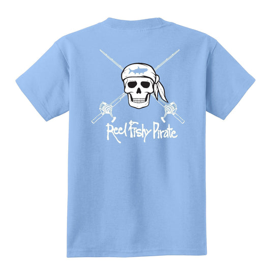 Youth light blue Reel Fishy t-shirt with Pirate Skull and fishing rods design