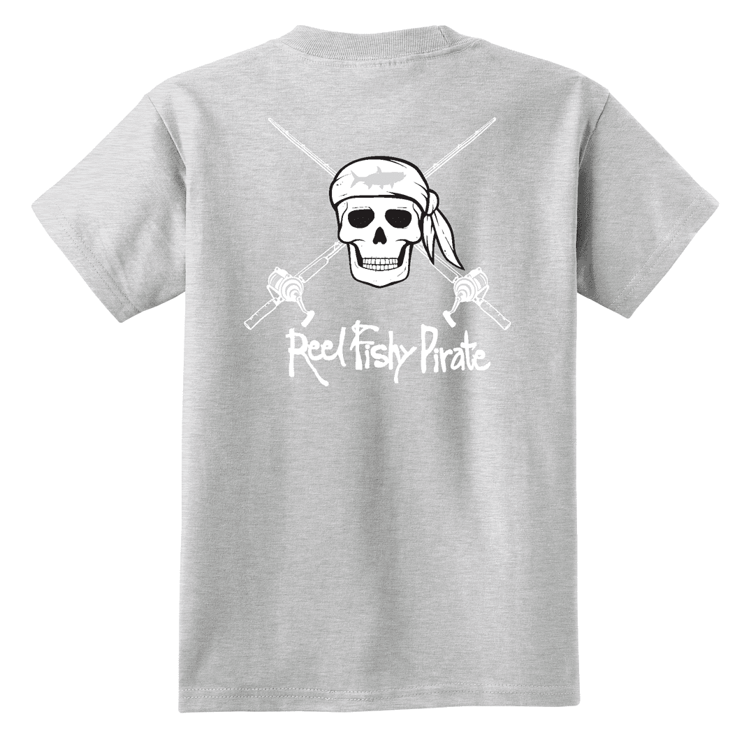 Youth light gray Reel Fishy t-shirt with Pirate Skull and fishing rods design