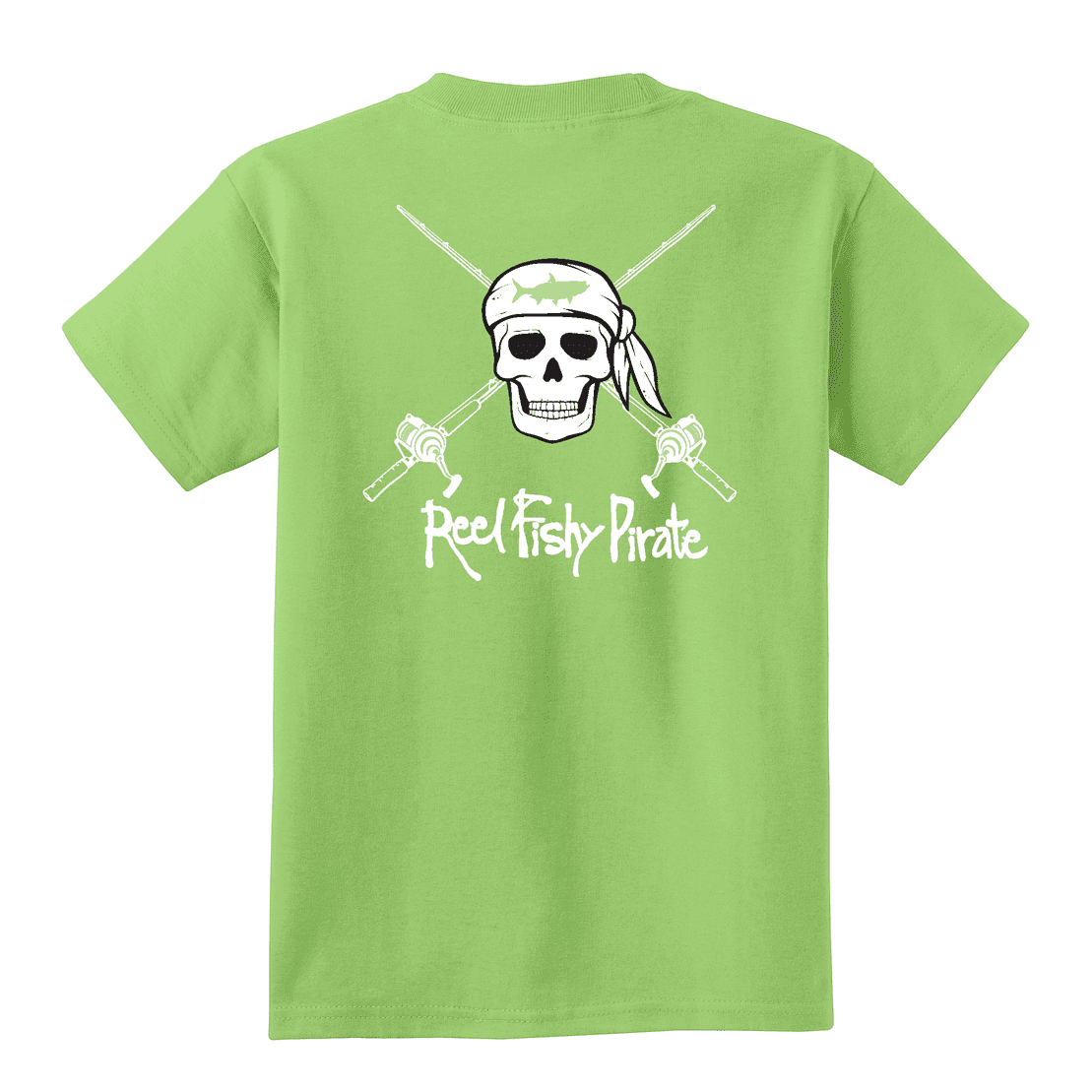 Youth lime green Reel Fishy t-shirt with Pirate Skull and fishing rods design