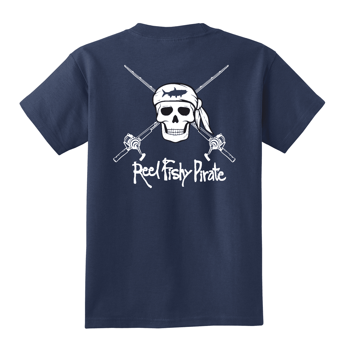 Youth navy Reel Fishy t-shirt with Pirate Skull and fishing rods design