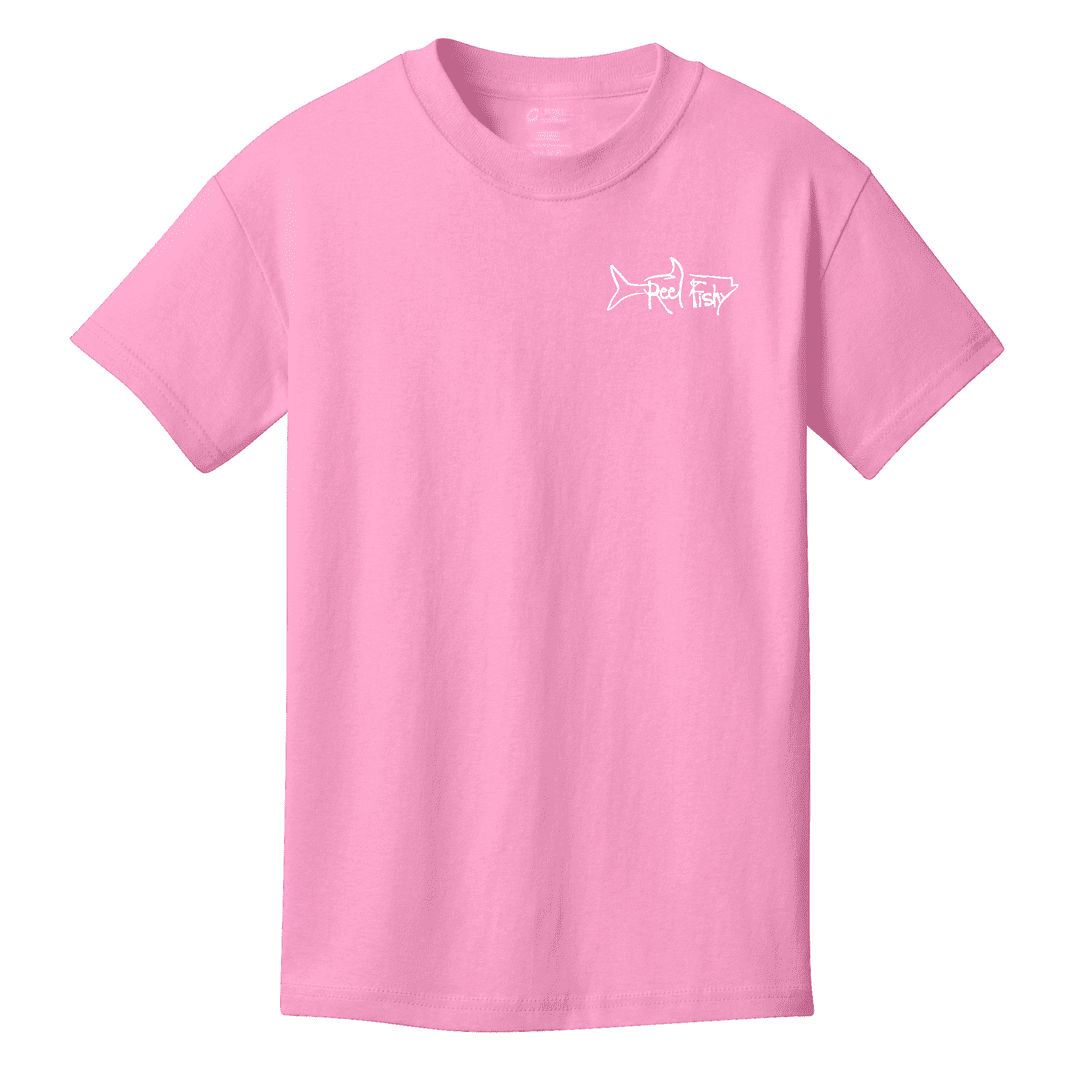 Youth pink Reel Fishy t-shirt with Pirate Skull and fishing rods design (front)