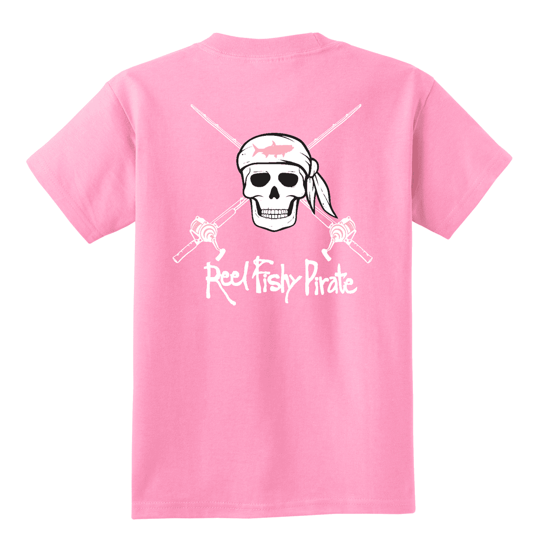 Youth pink Reel Fishy t-shirt with Pirate Skull and fishing rods design