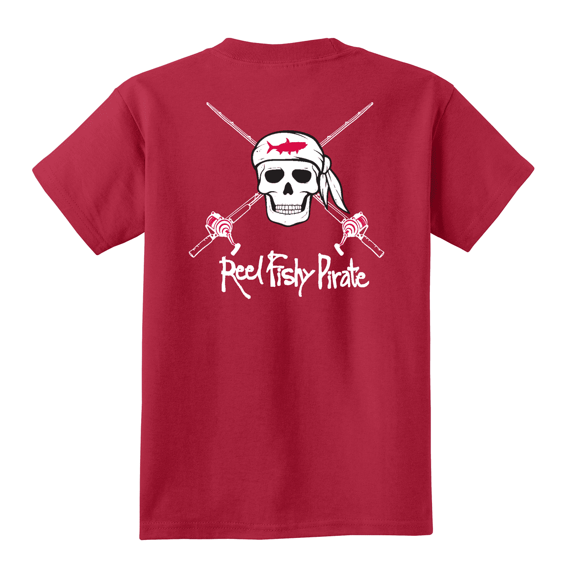 Youth red Reel Fishy t-shirt with Pirate Skull and fishing rods design