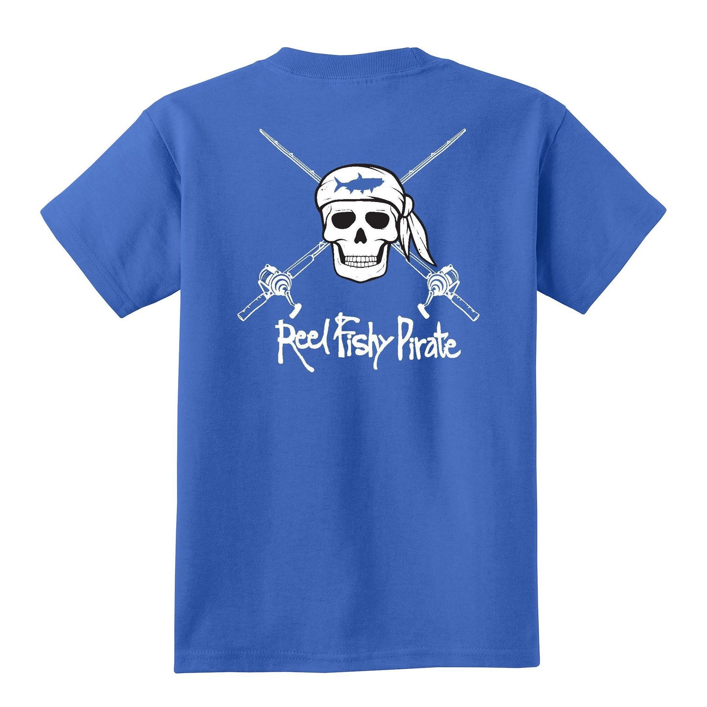 Youth royal blue Reel Fishy t-shirt with Pirate Skull and fishing rods design